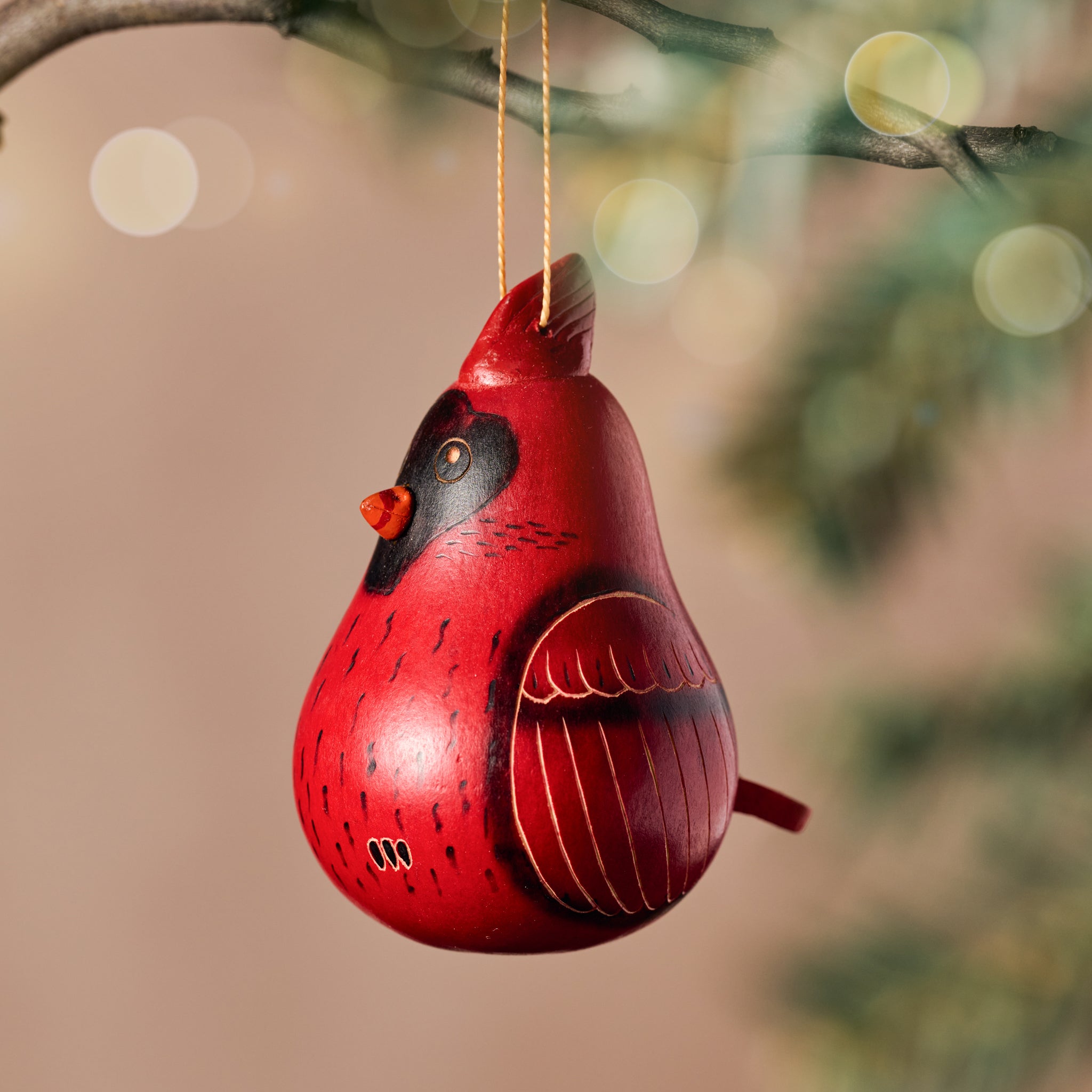 Close-up of the Unique Peruvian Cardinal Gourd Christmas Ornament, showcasing intricate carvings and vibrant colors.