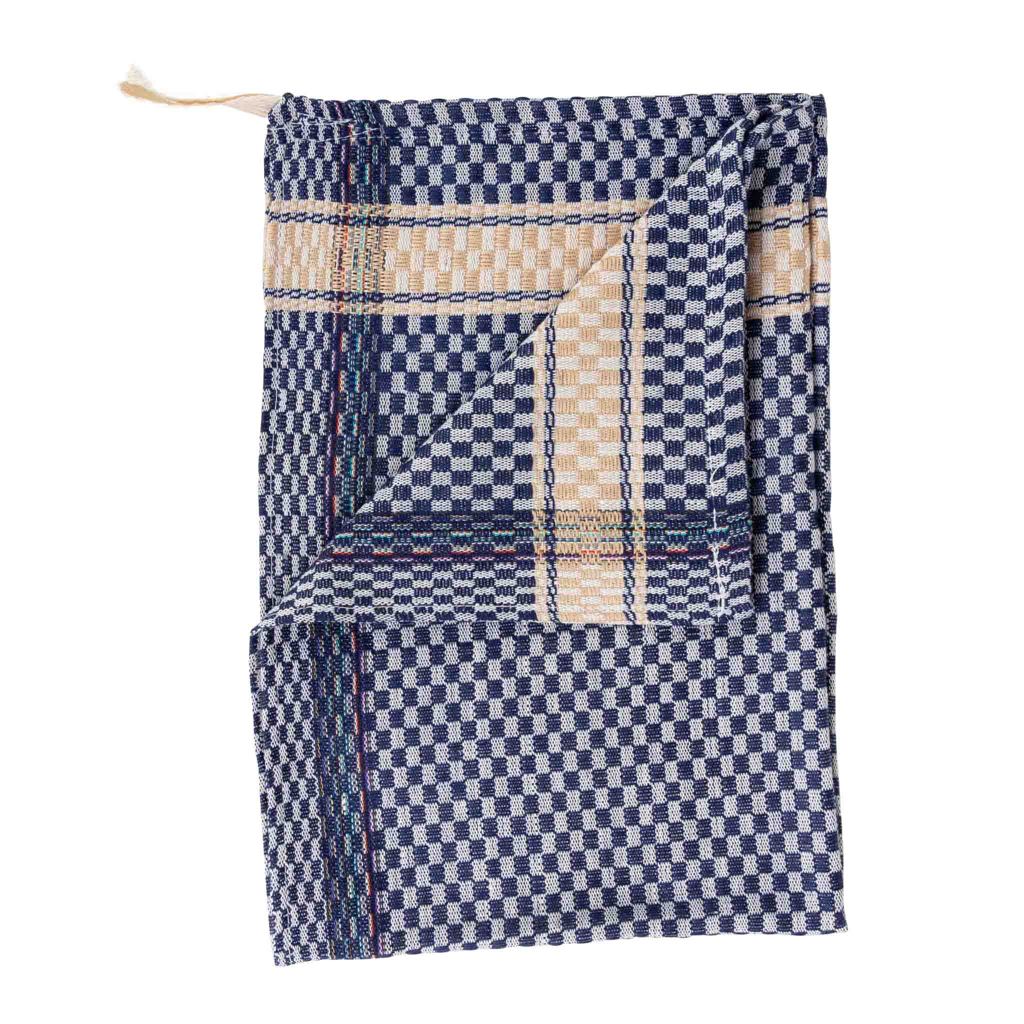 Artisan Blue Nile handwoven kitchen towel displayed on a kitchen counter, showcasing its absorbent texture.