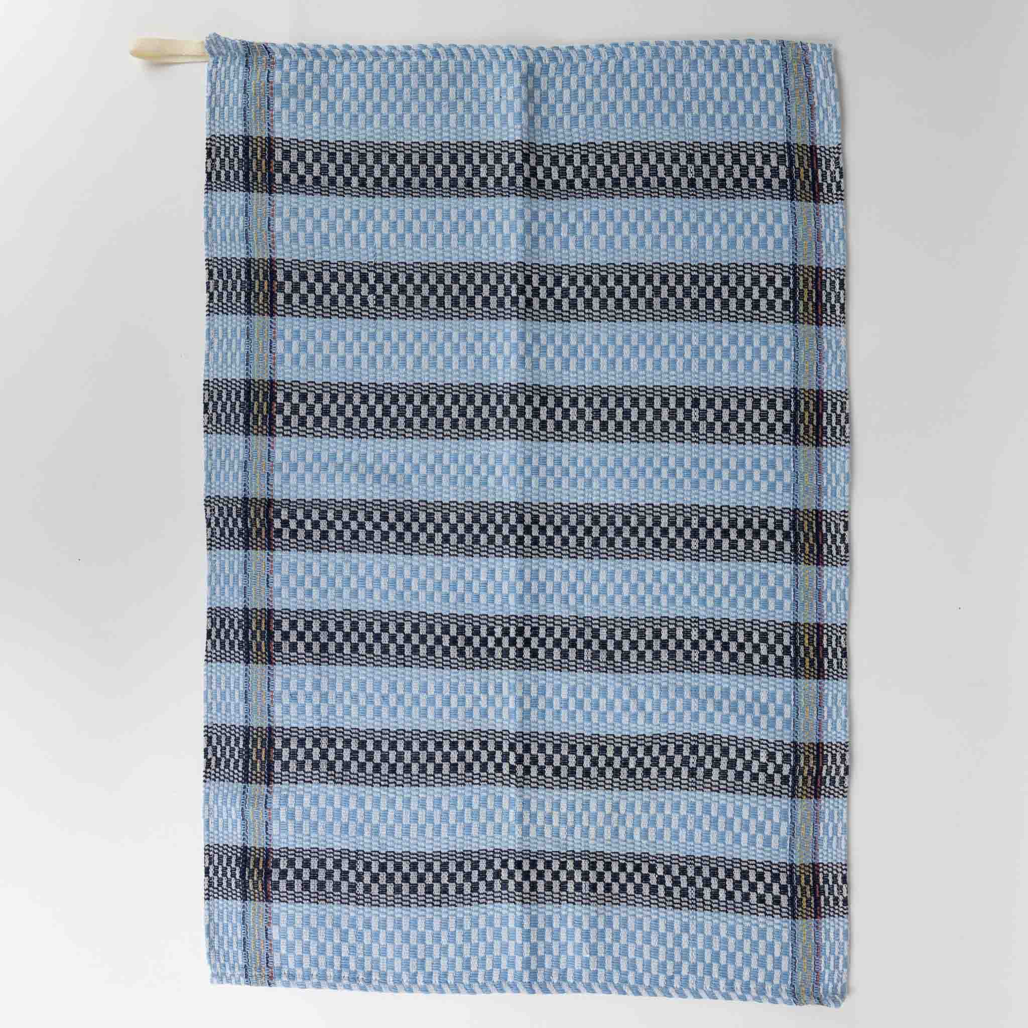 Fair Trade artisan-made blue striped kitchen towel, ideal for drying dishes or use in kitchen tasks.
