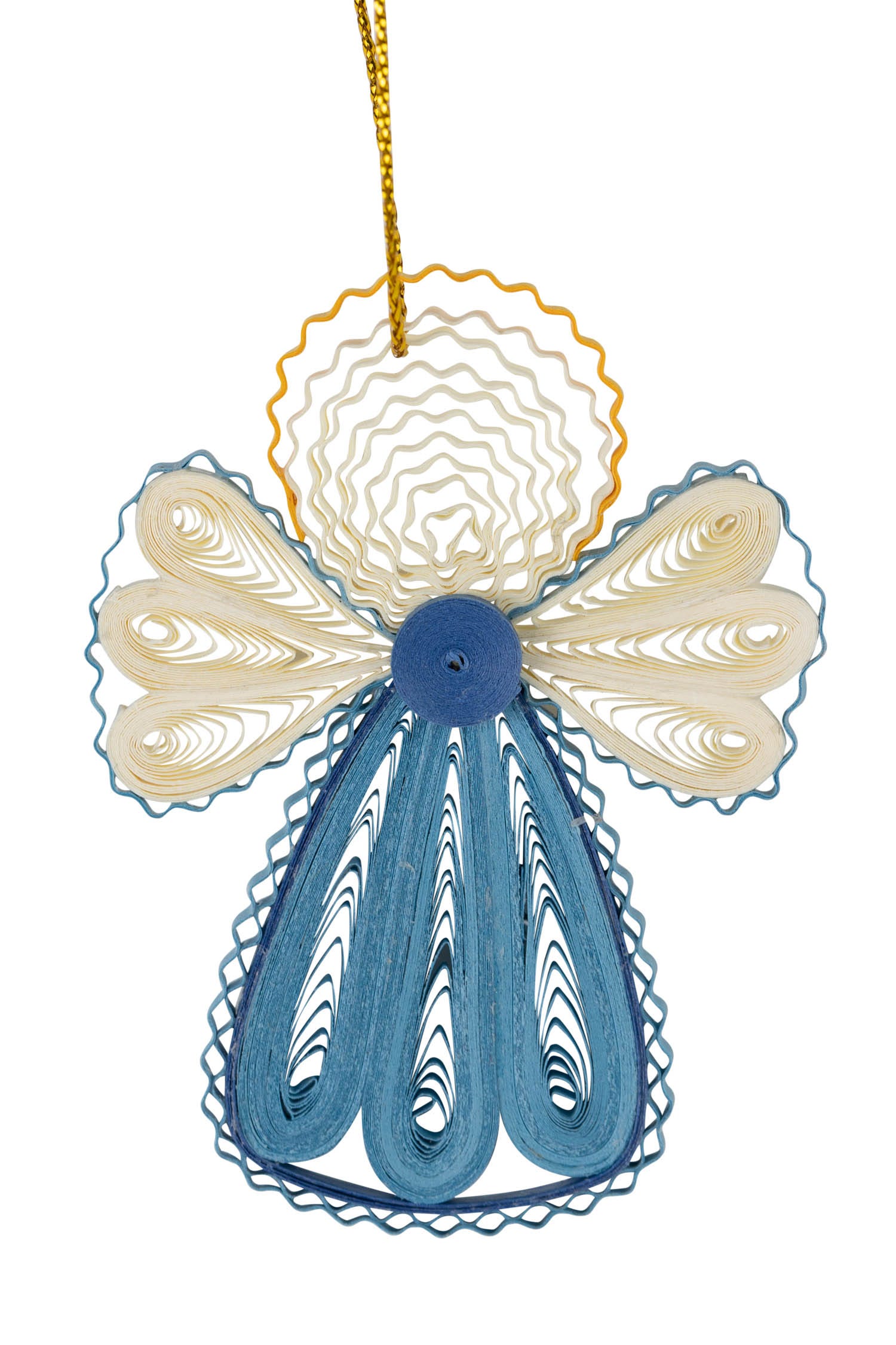 Close-up view of a quilled angel ornament showcasing intricate paper artistry.