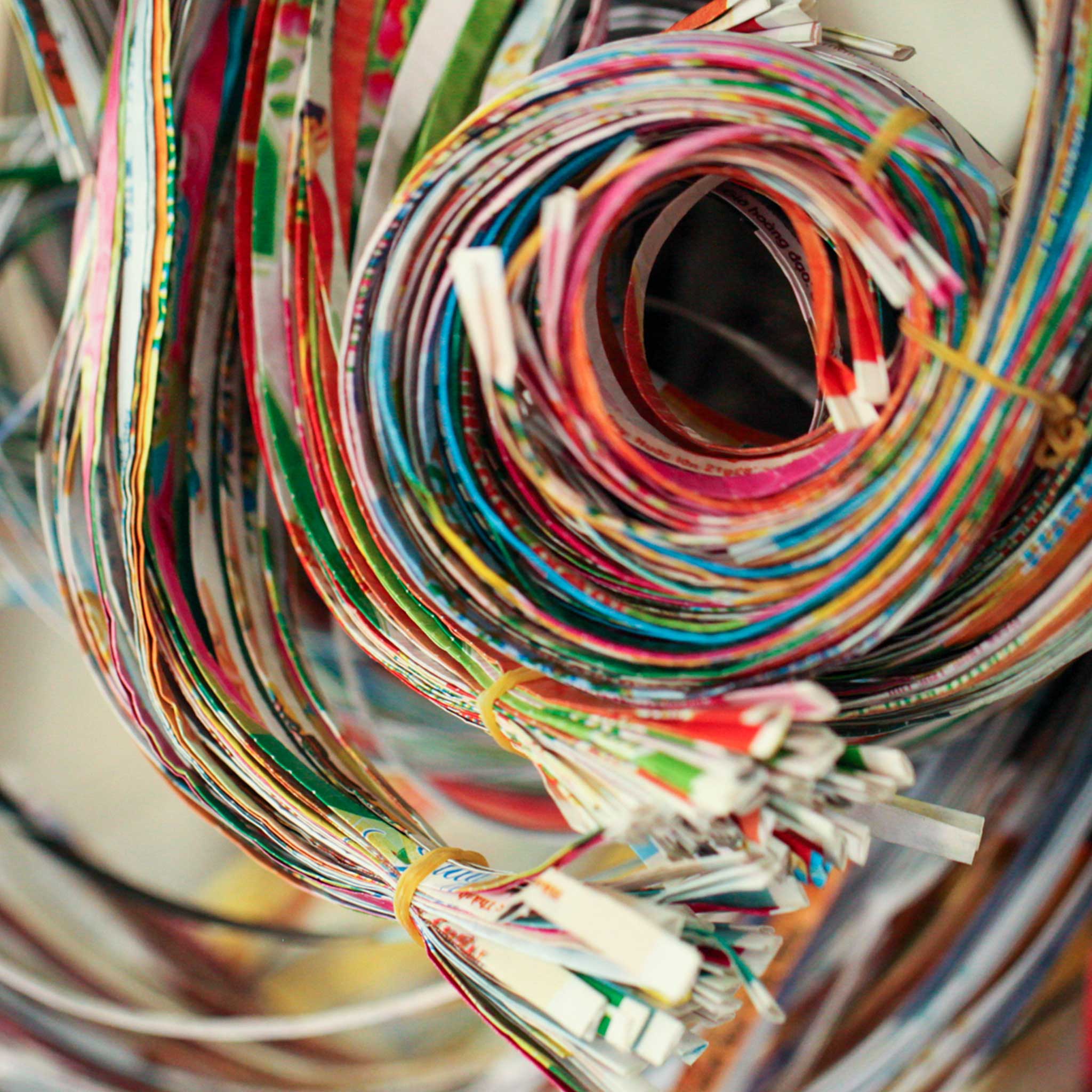 Close-up of handmade recycled paper bowl showing detailed craftsmanship