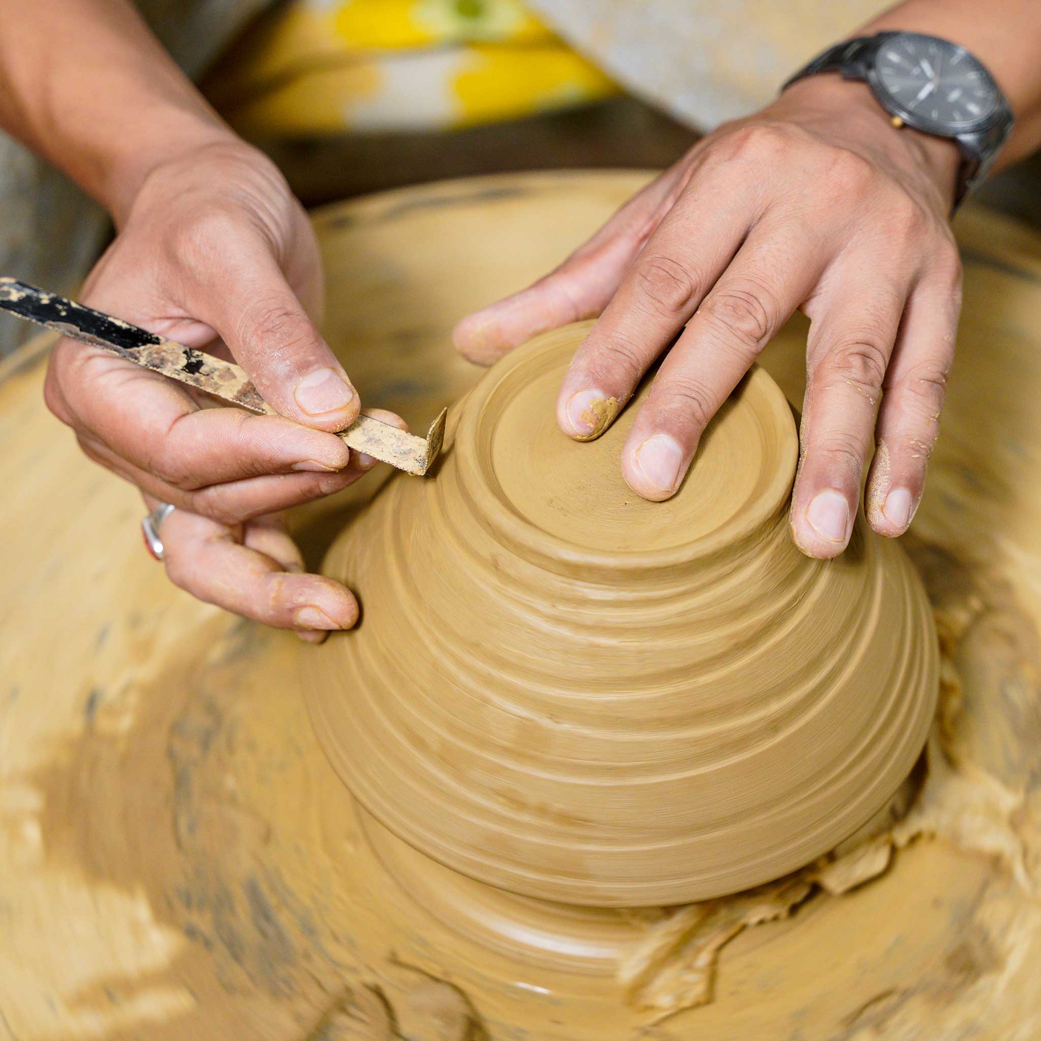 Handcrafted blue terracotta bowl with two grooves for chopsticks