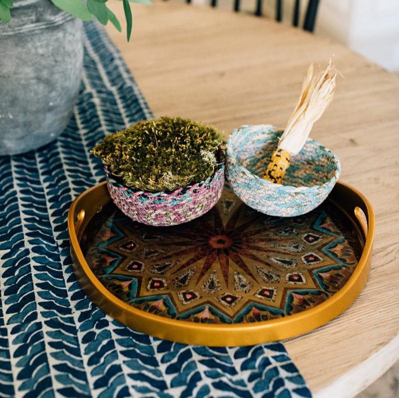 Close-up of the colorful patterns on the handmade storage basket.
