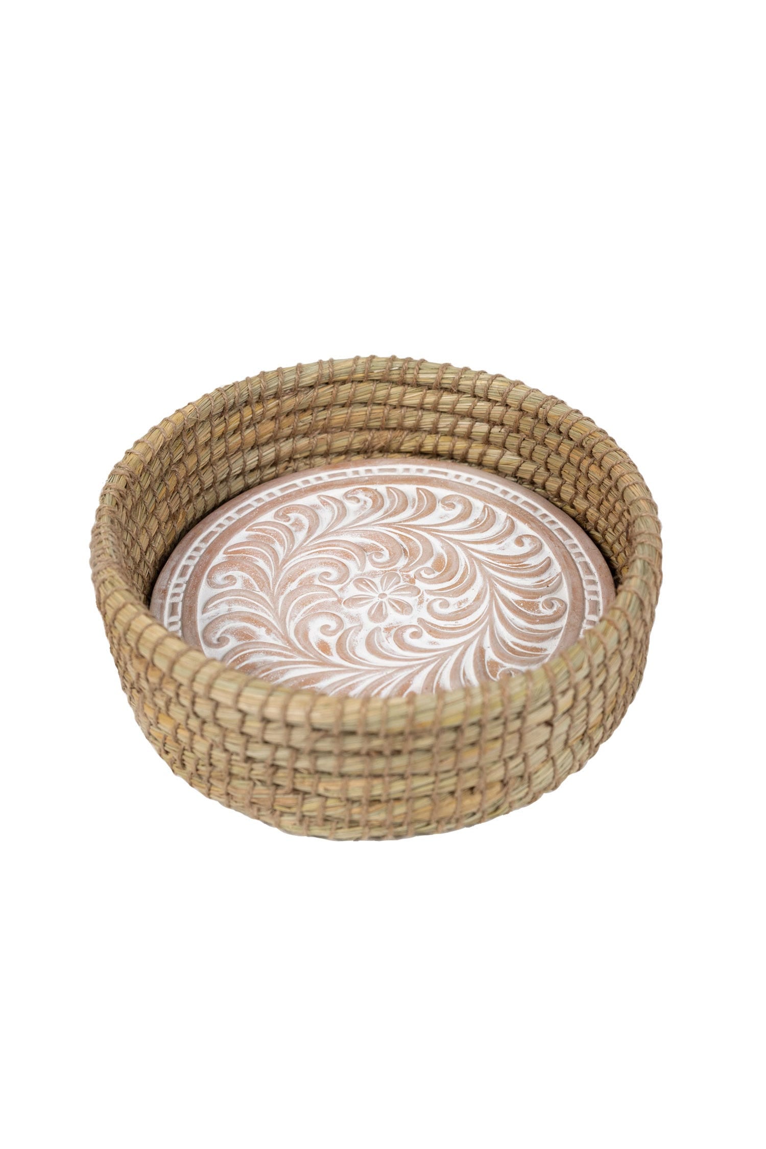 Close-up of handcrafted terracotta bread warming insert in basket