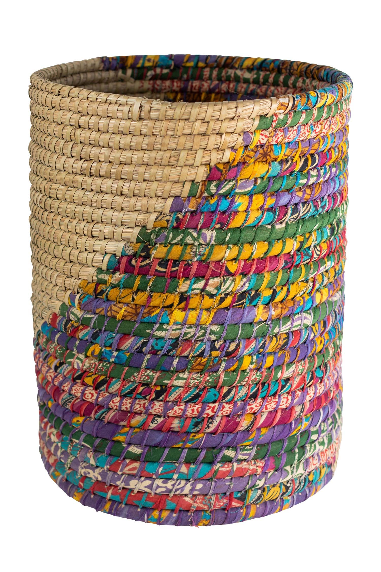 Vibrant handwoven sari fabric basket showcasing colorful patterns from various angles.