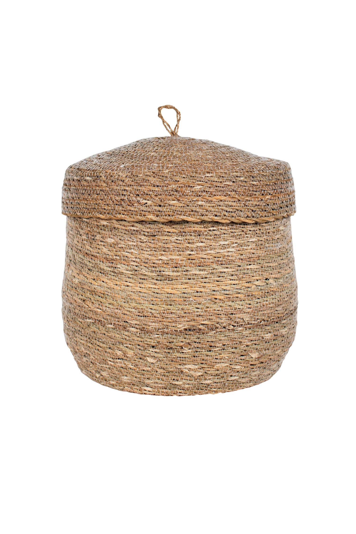Stylish handwoven storage basket in a cozy living room setting, ideal for decorative storage.