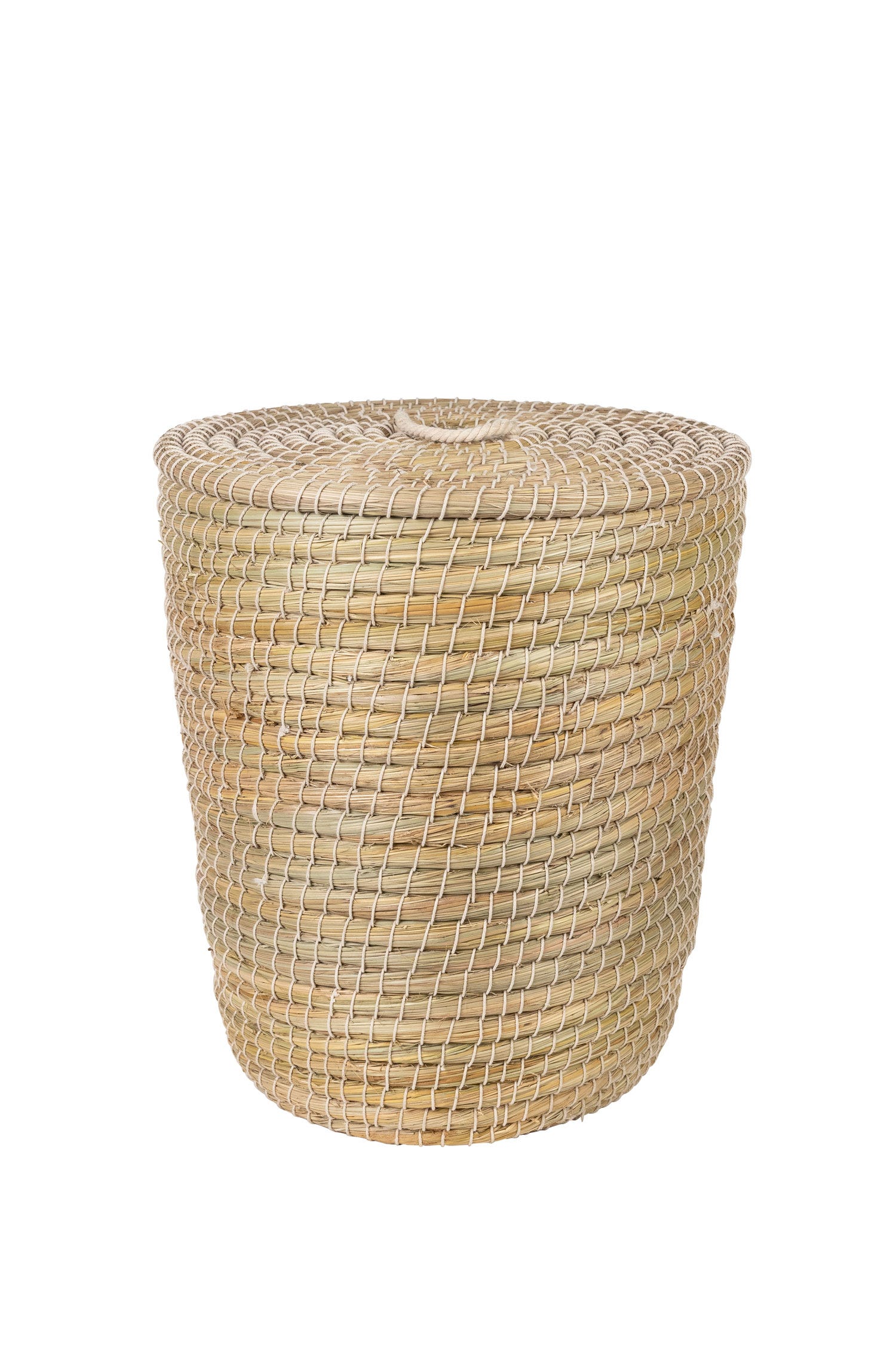 Close-up of handcrafted cotton hamper with woven handles for laundry and toys