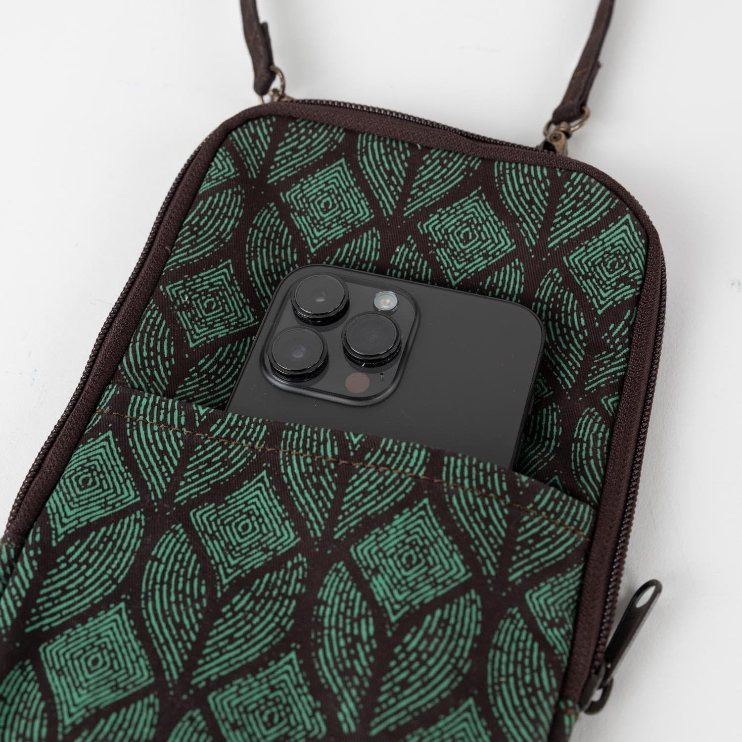 Front view of eco-friendly festival crossbody bag made from recycled sari fabric