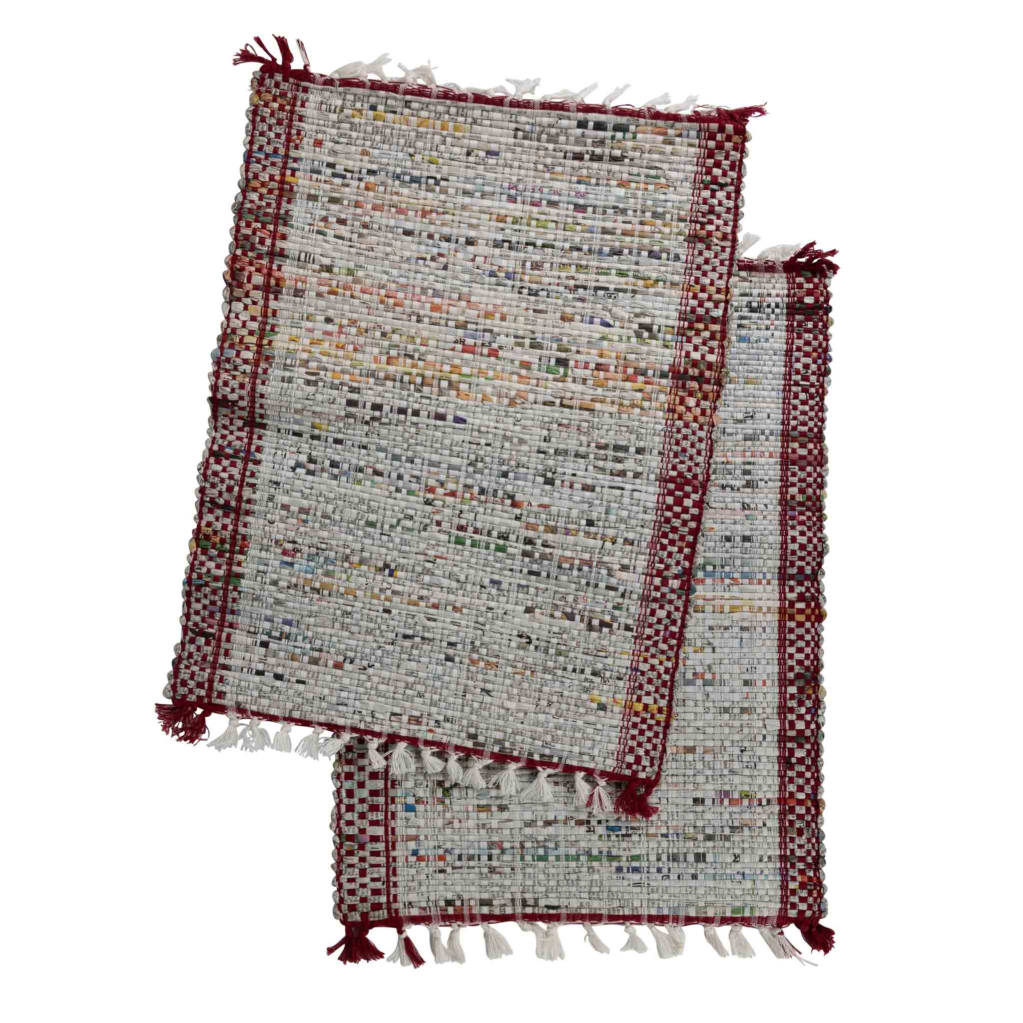 Close-up of eco woven placemats showcasing intricate handwoven details and recycled materials