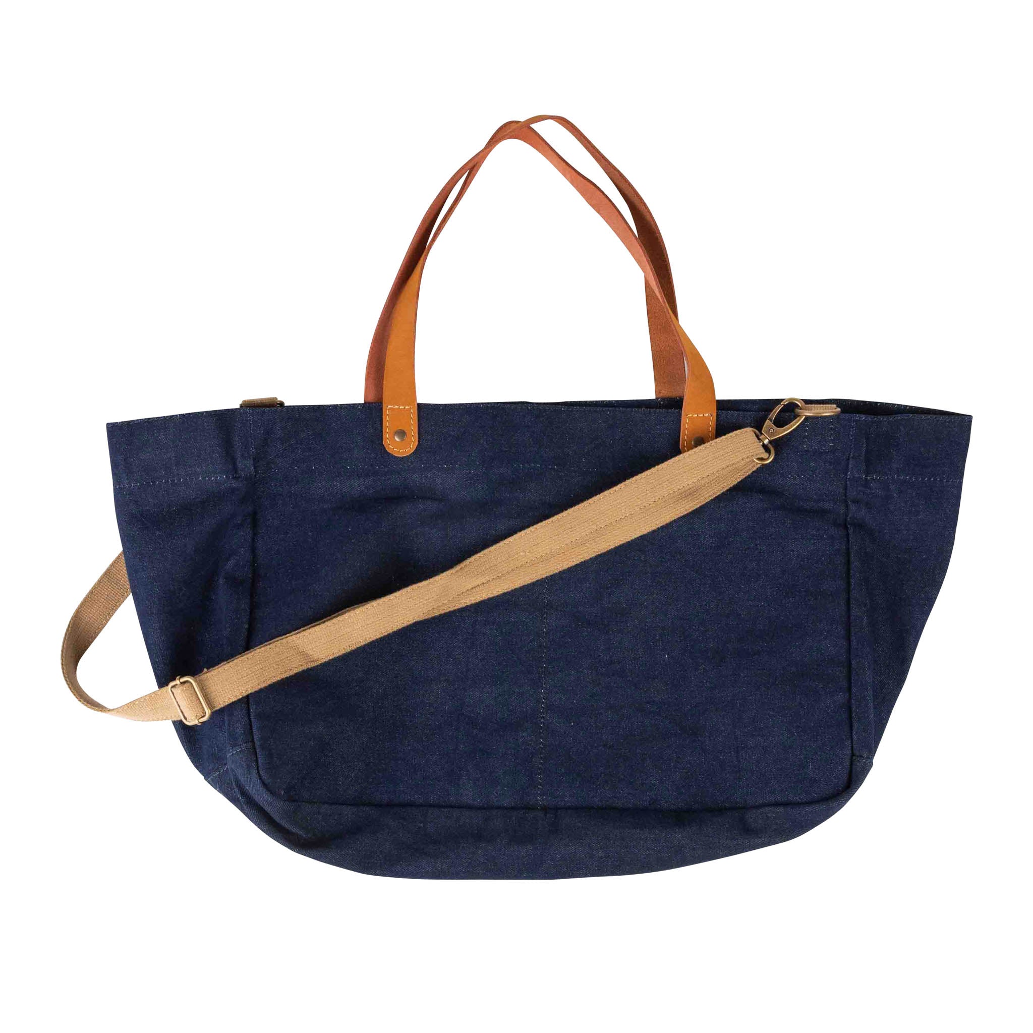 Side view of upcycled denim weekender bag with drawstring closure