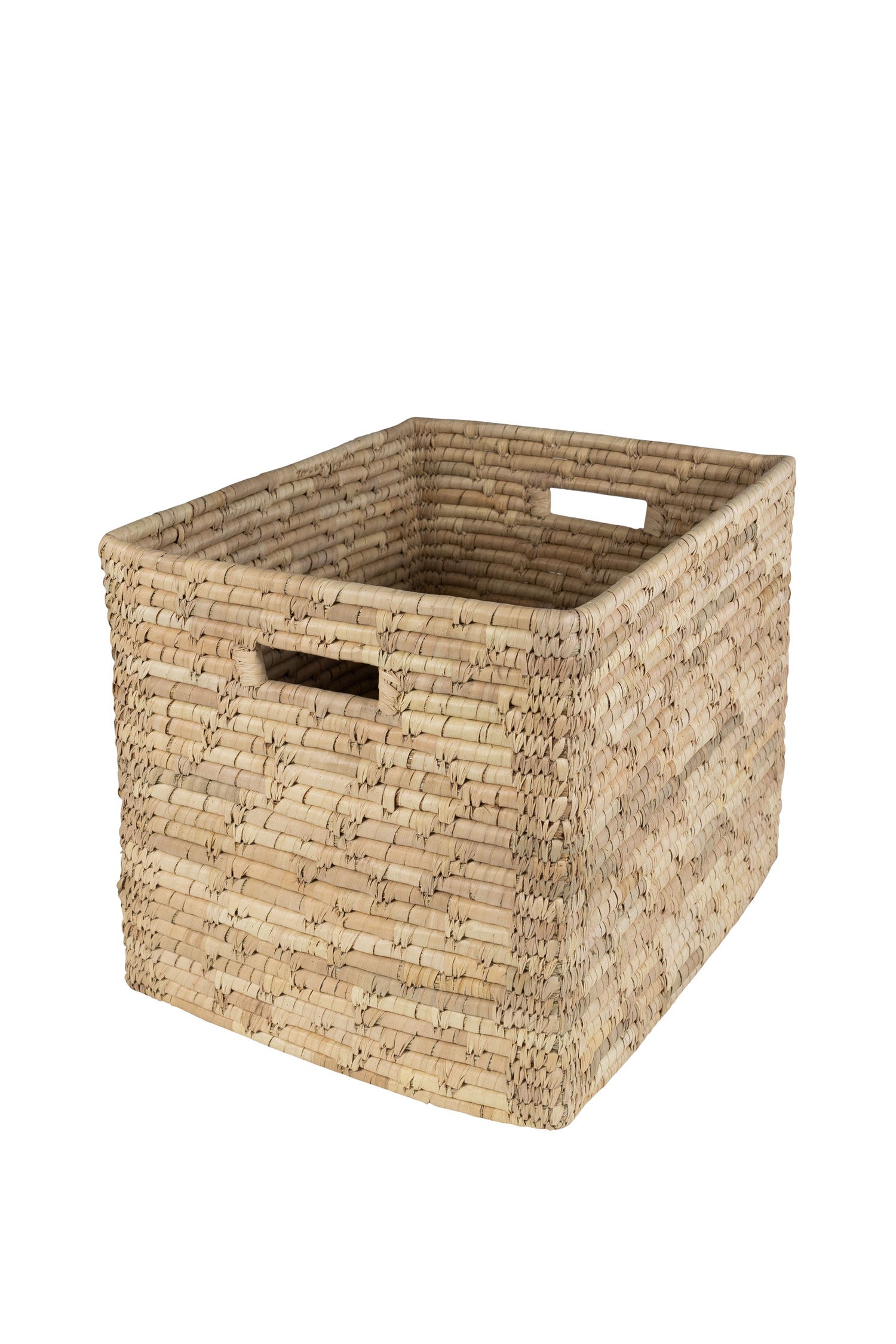 Woven basket used for organizing toys and linens in a modern home
