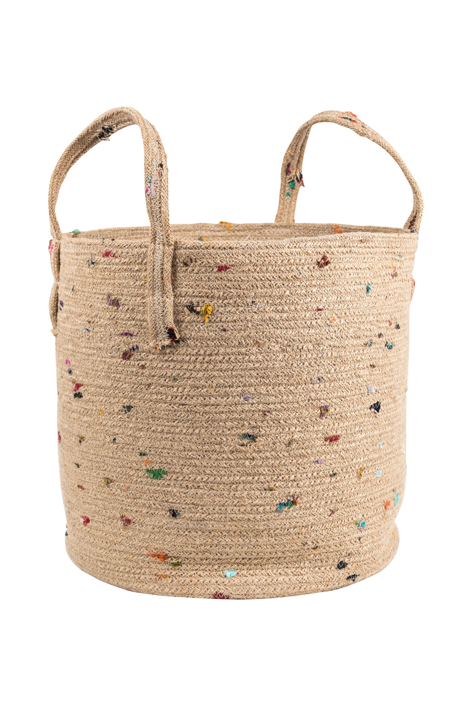 Vibrant jute basket in a cozy entryway, showcasing colorful sari fabric.