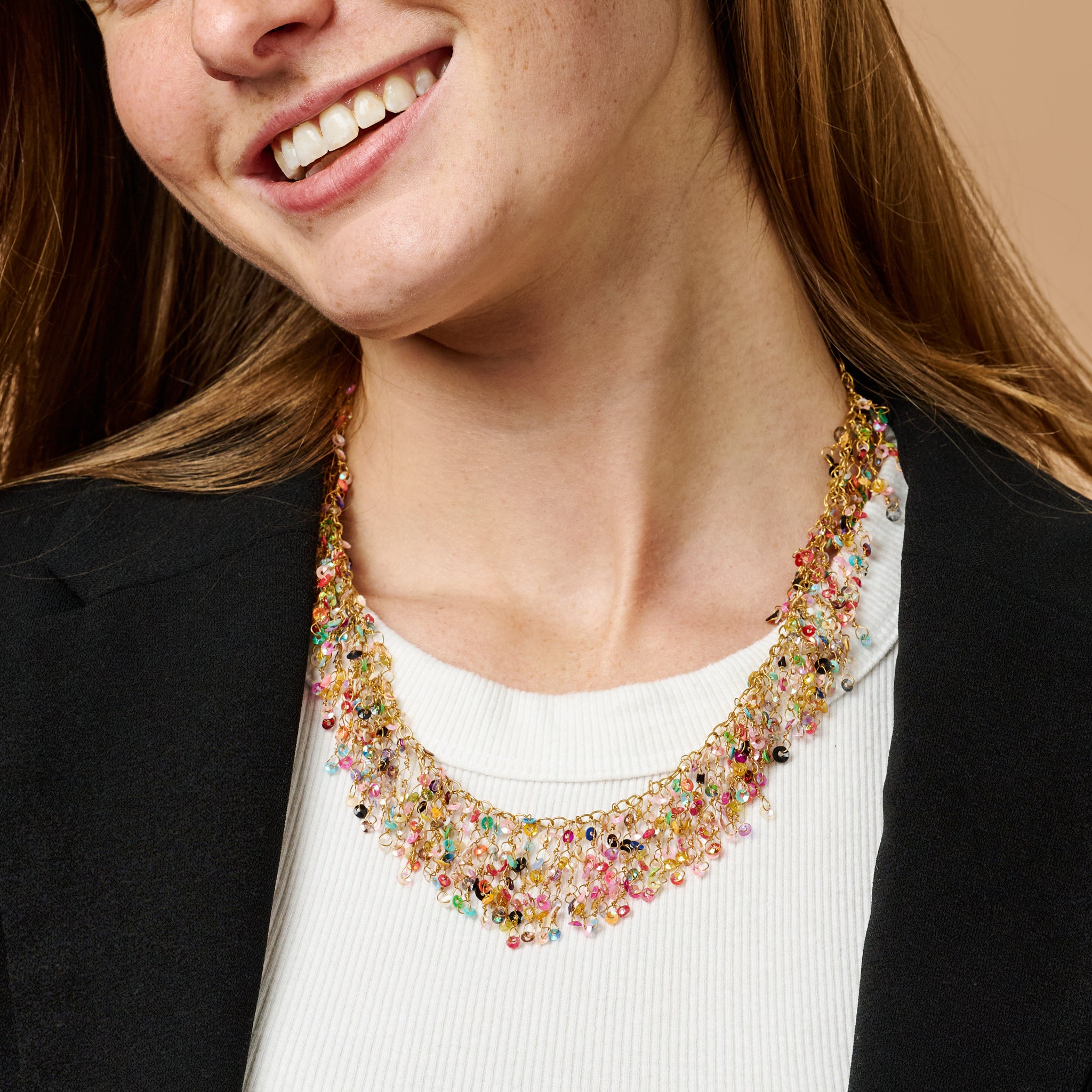 Close-up of vibrant colorful handmade necklace for women