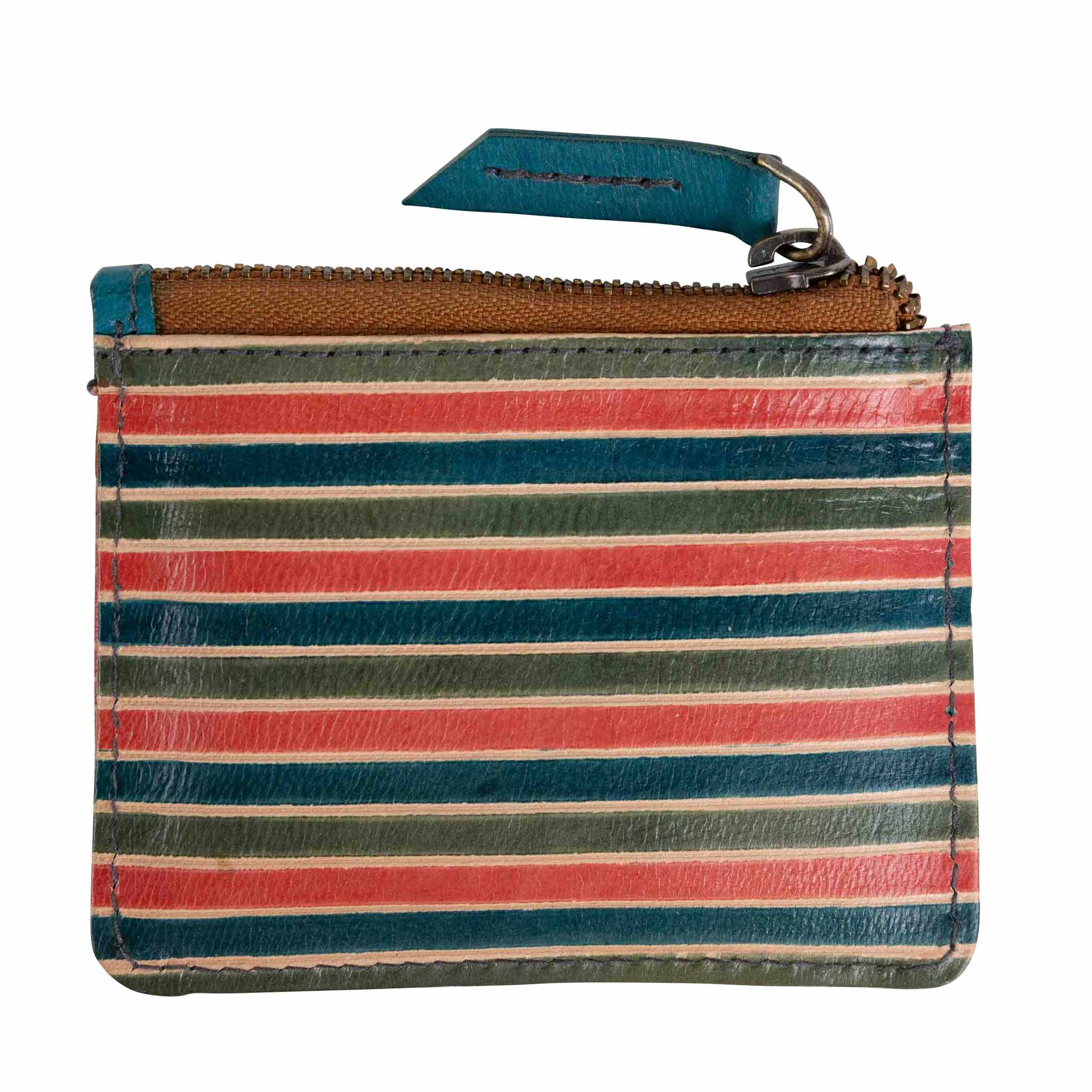 Front view of the Shanti Striped Leather Zip Card Holder, showcasing its stylish design.