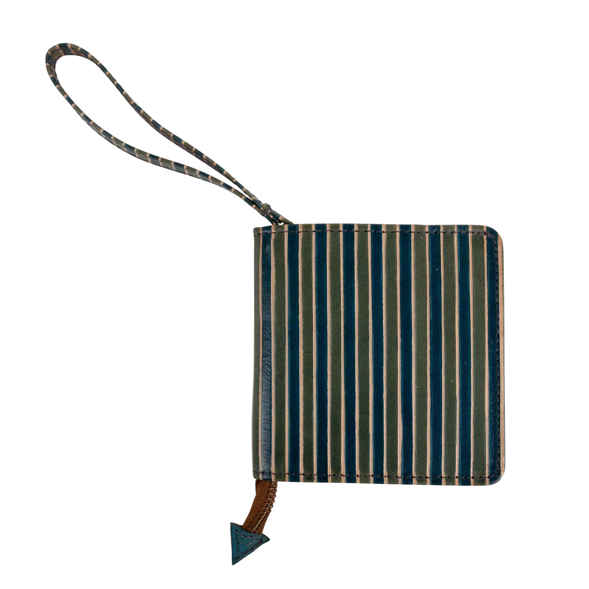 Elegant striped leather wrist wallet showcasing its card slots and zipper closure