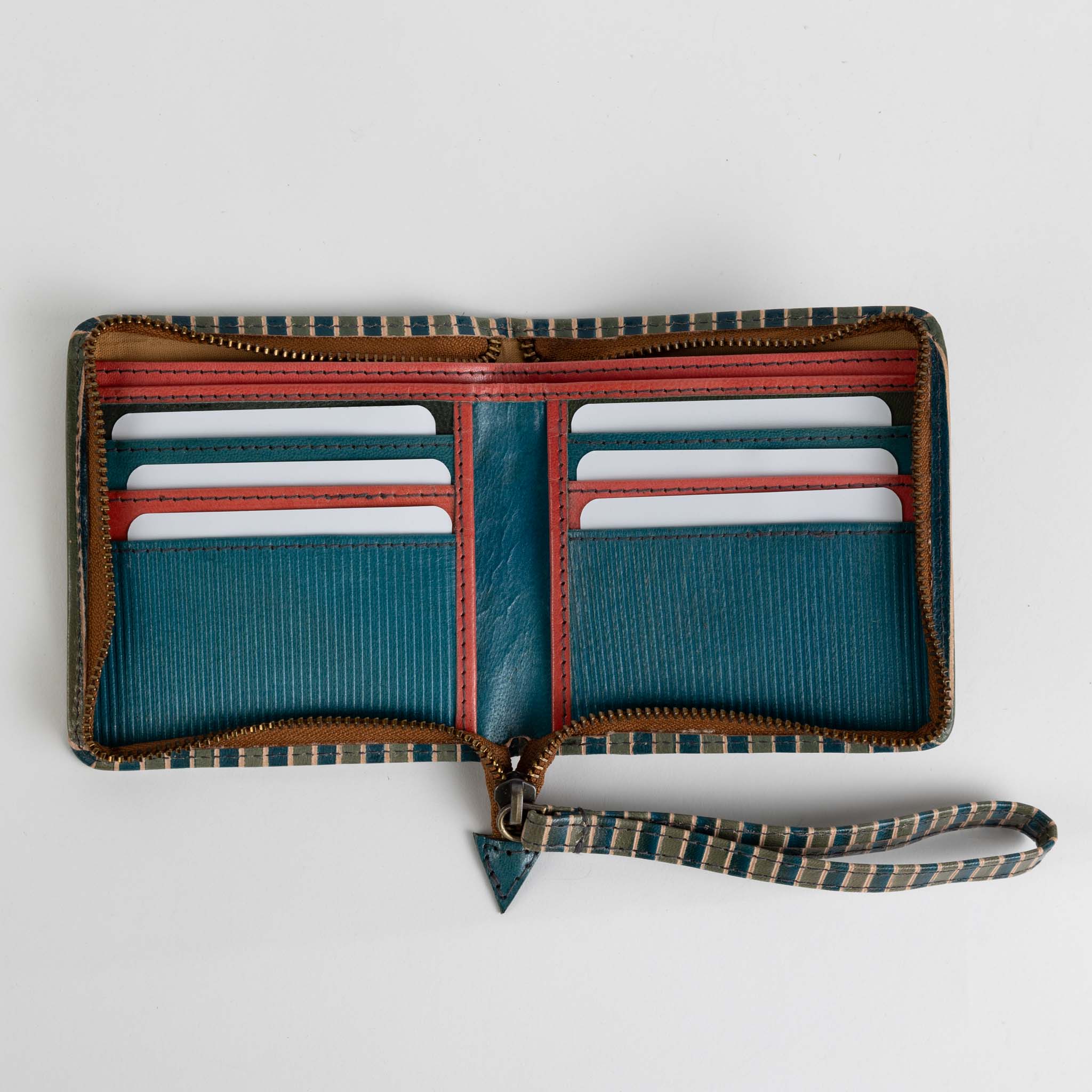 Close-up of the womens wrist wallet with zipper, highlighting the leather texture and design
