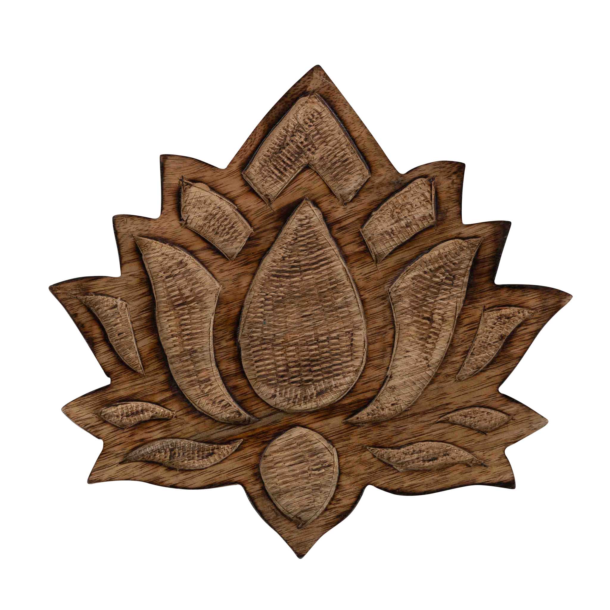 Close-up of the artisan carved lotus blossom design on mango wood trivet