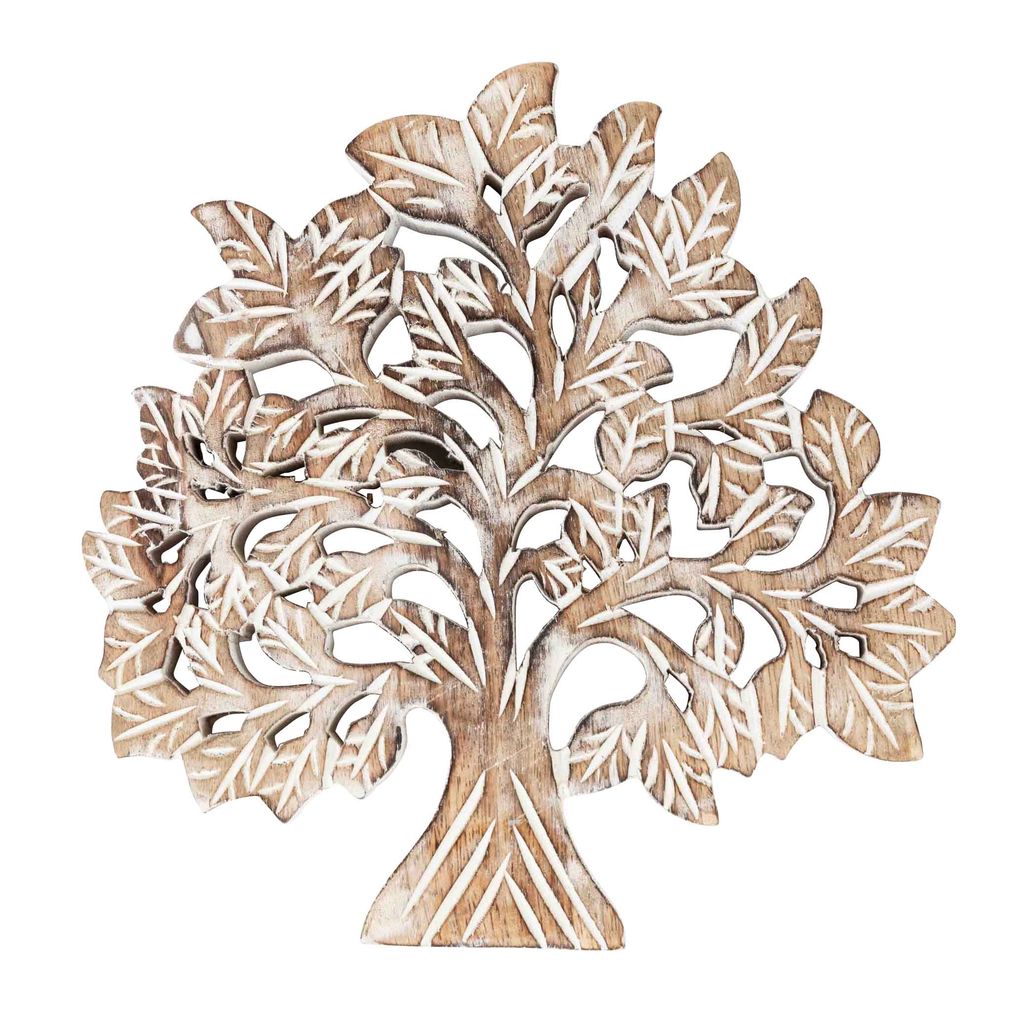 Overhead view of the handcarved wooden trivet showcasing the Tree of Life detail