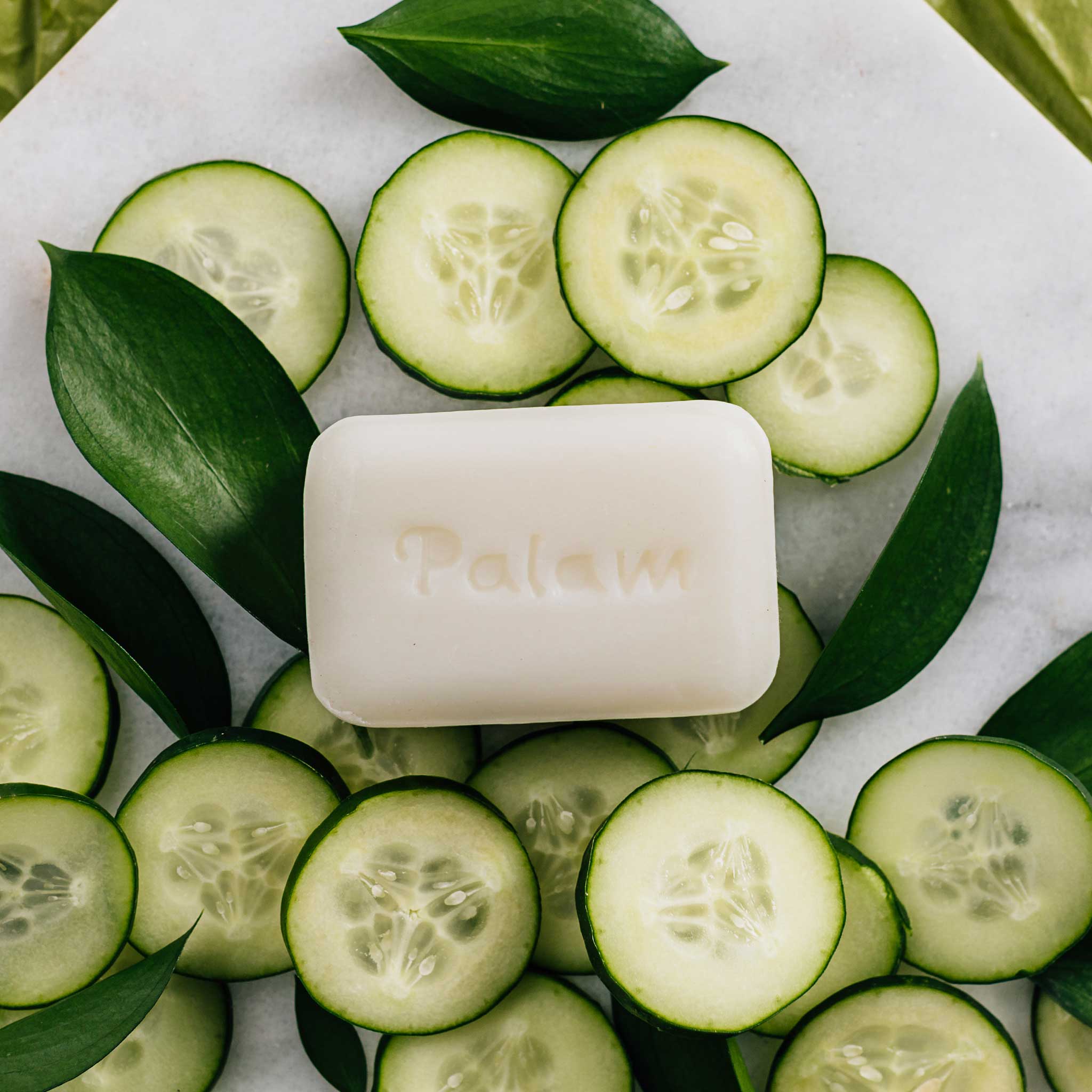 Hand holding a cucumber soap bar, perfect for sensitive skin care