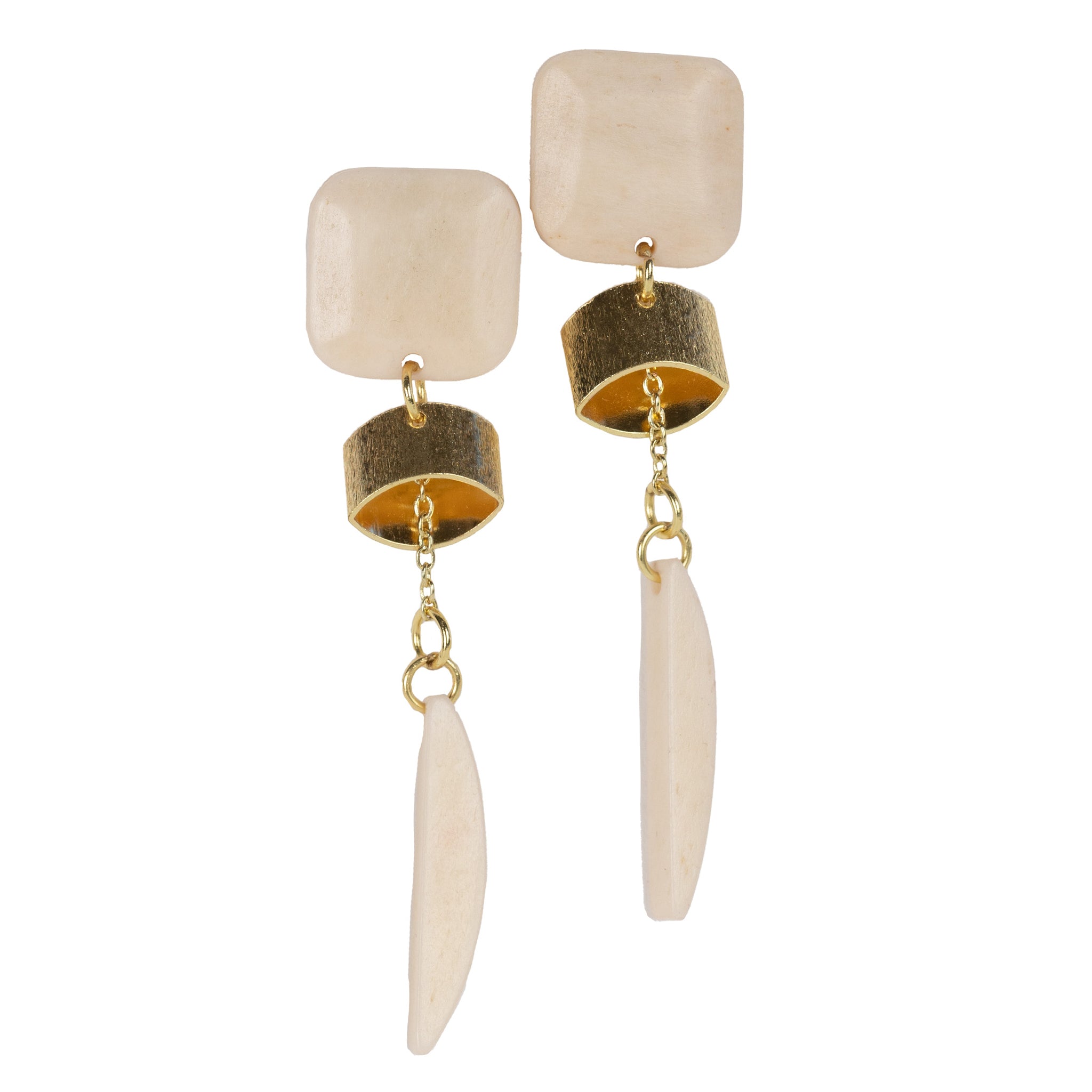 Elegant reclaimed bone dangle earrings showcasing unique artisan craftsmanship.