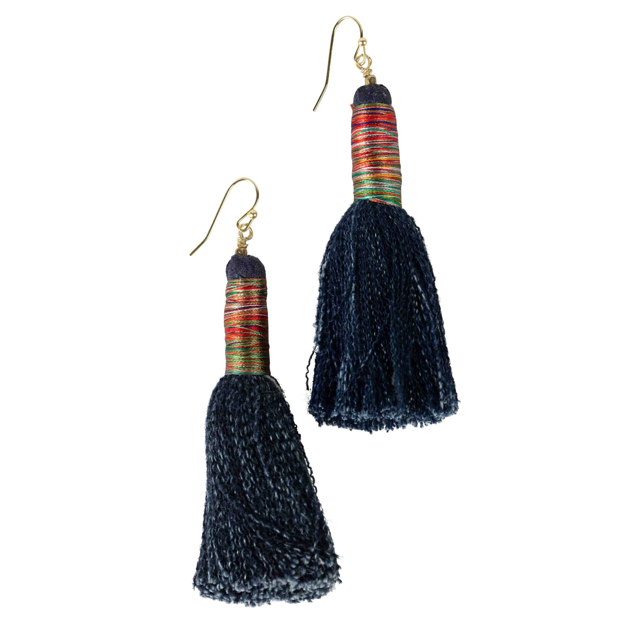 Vibrant denim tassel earrings showcasing multi-colored thread wrap