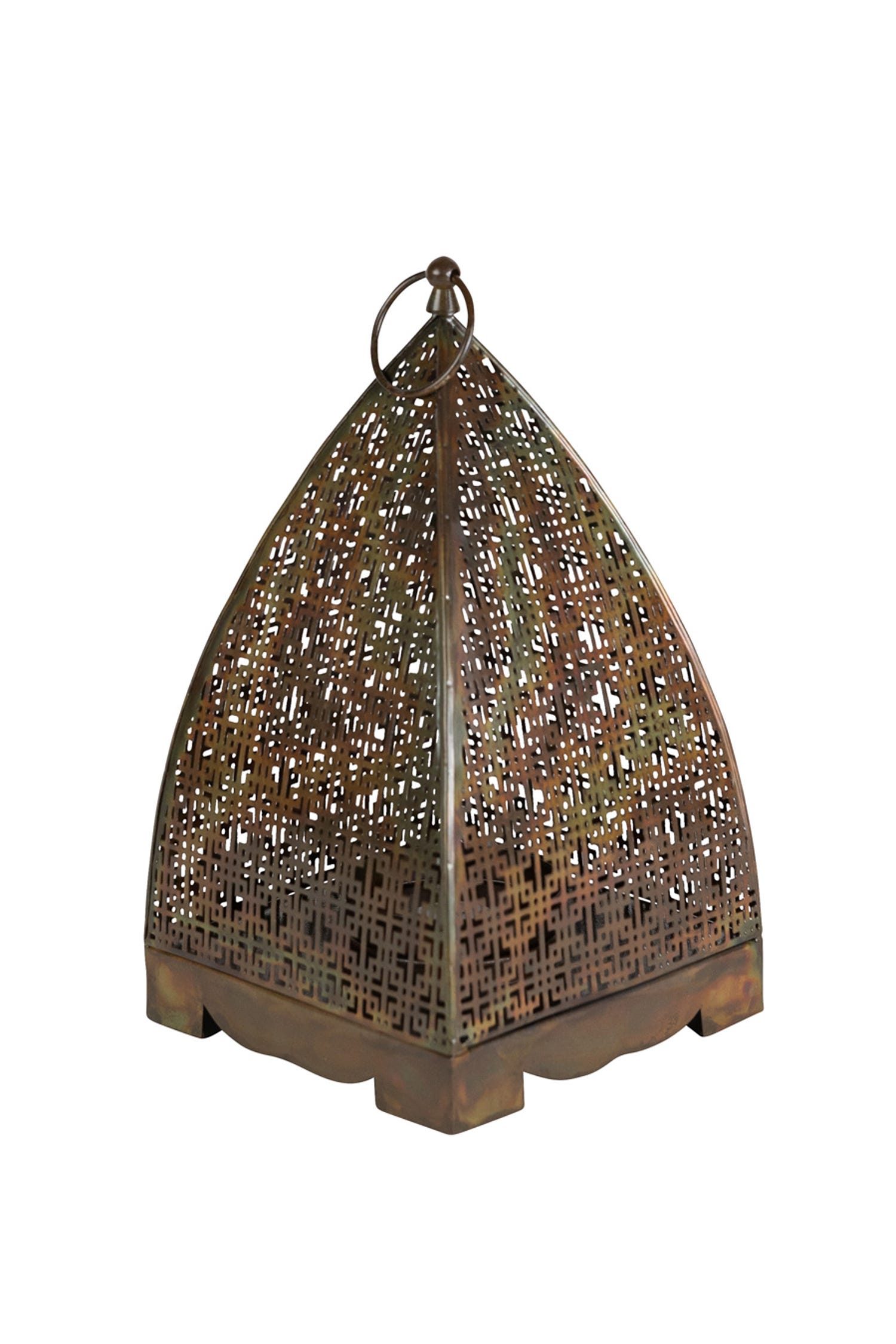 Interior shot of a copper lantern used as a centerpiece on a garden table