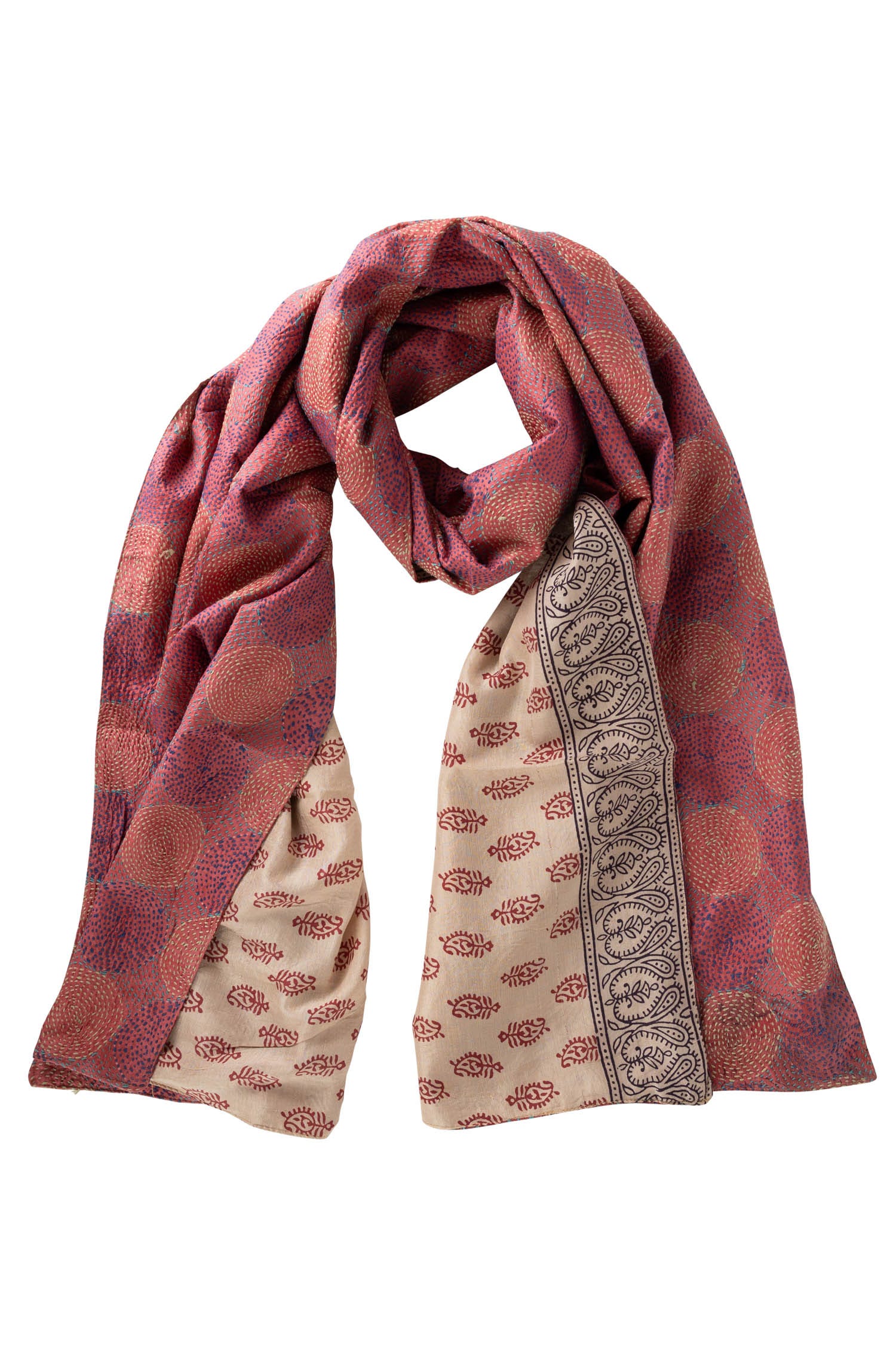Close-up of the artisan luxury handstitched silk scarf, highlighting its intricate patterns and textures.