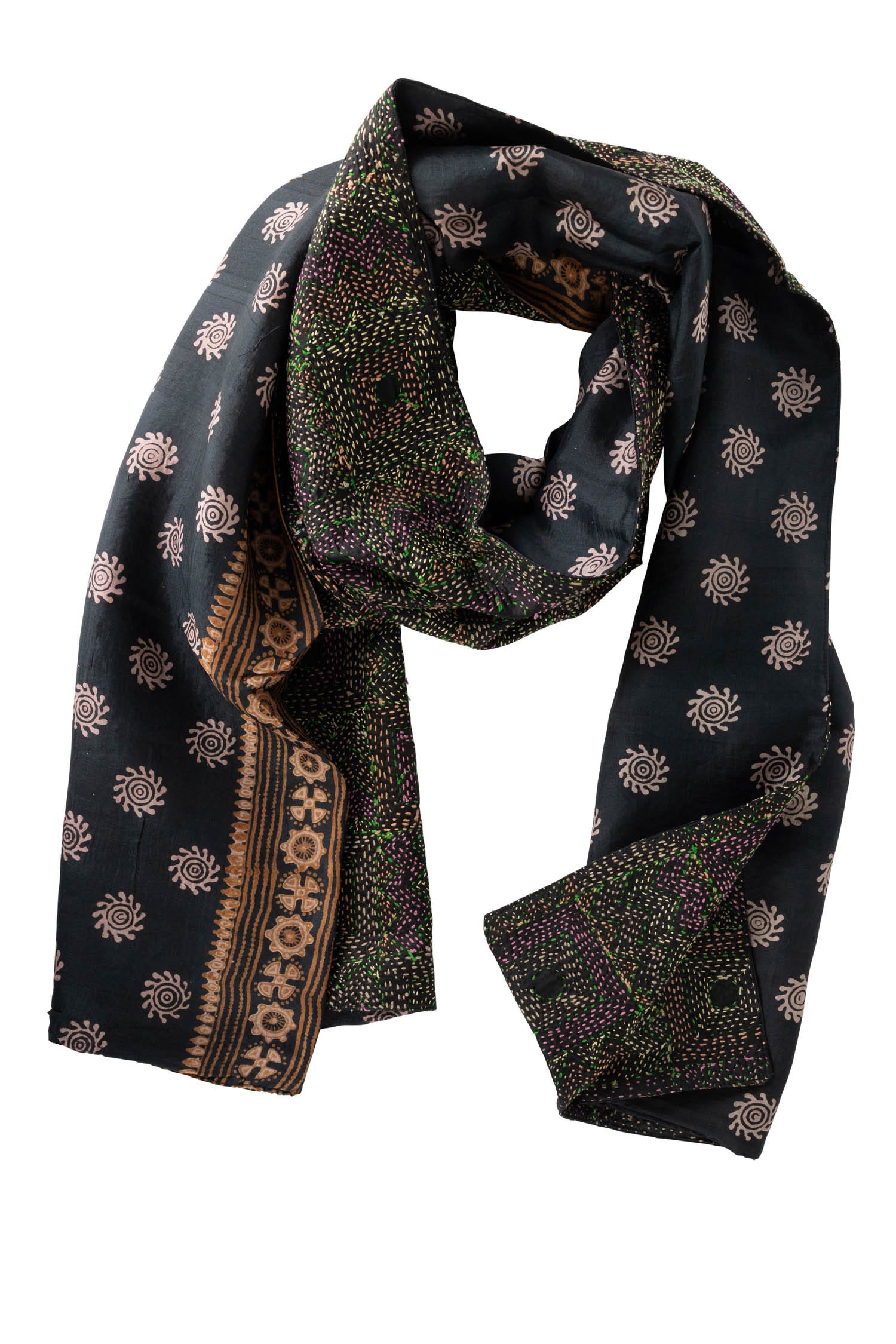 Elegant woman draped in the handmade silk scarf, demonstrating its versatility and style.