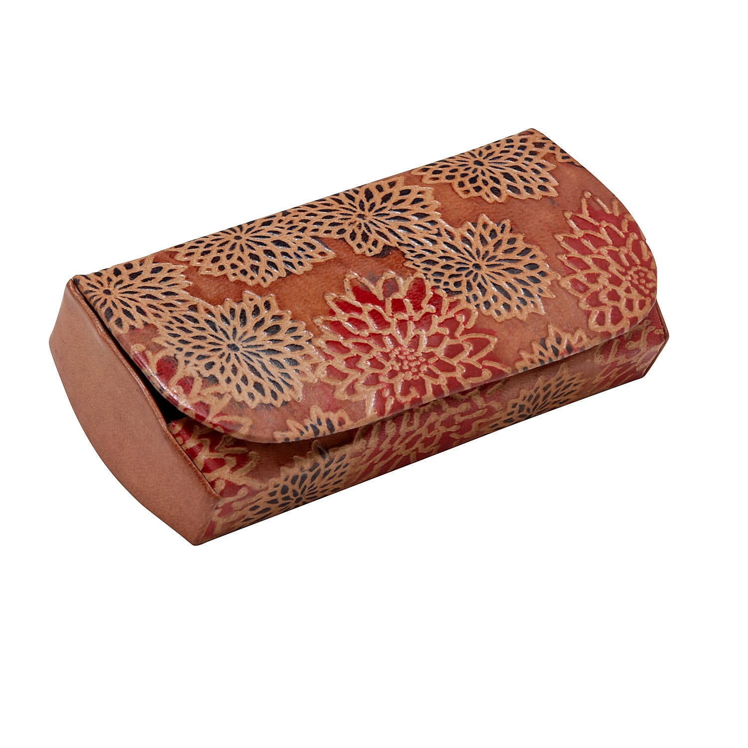 Top view of embossed leather glasses case showing texture and stitching