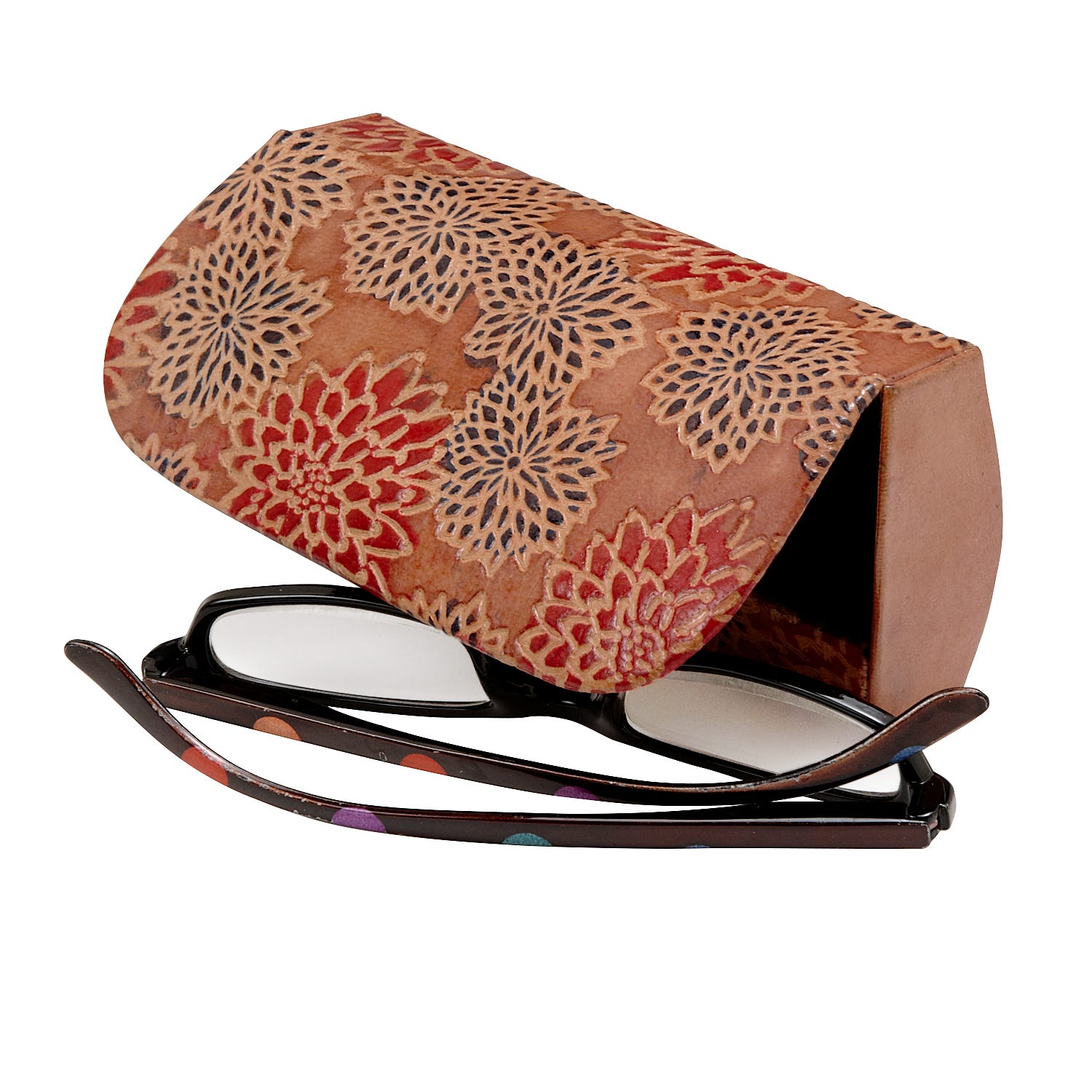 Open leather glasses case with sunglasses inside, highlighting spacious interior