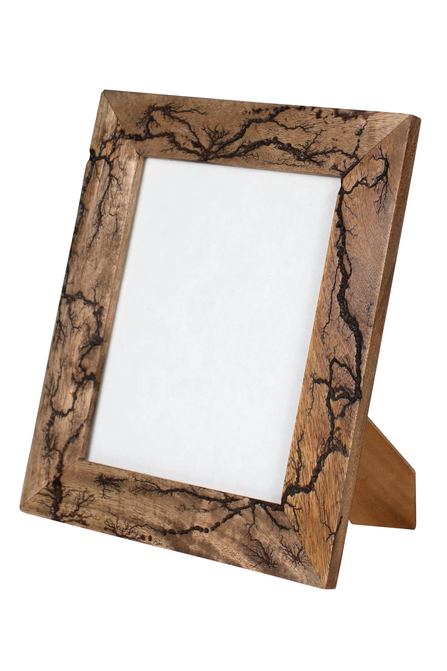 Close-up of intricate fractal lightning design on mango wood frame