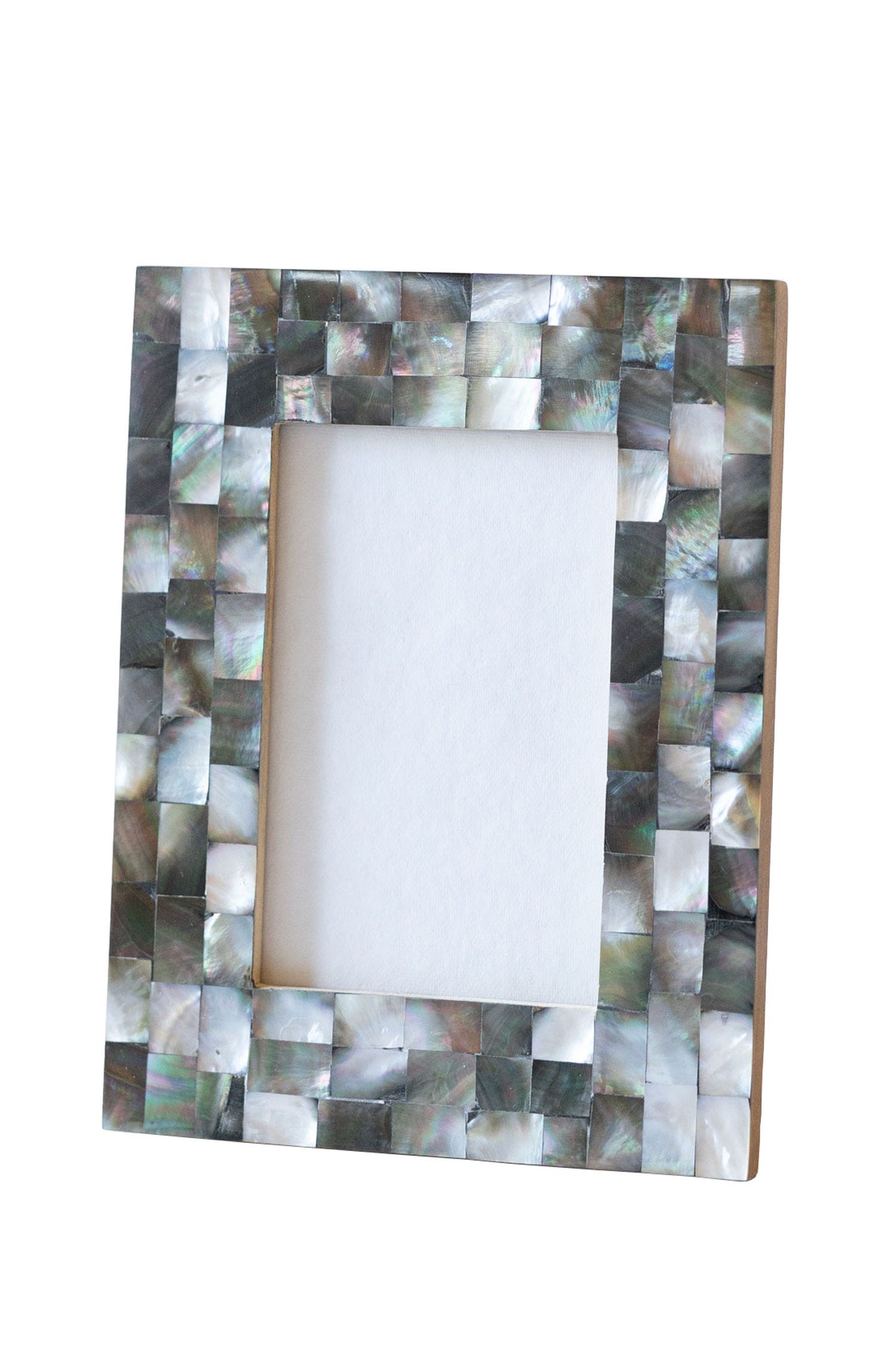 Close-up of the mother of pearl shells in the charcoal grid picture frame, showcasing intricate craftsmanship