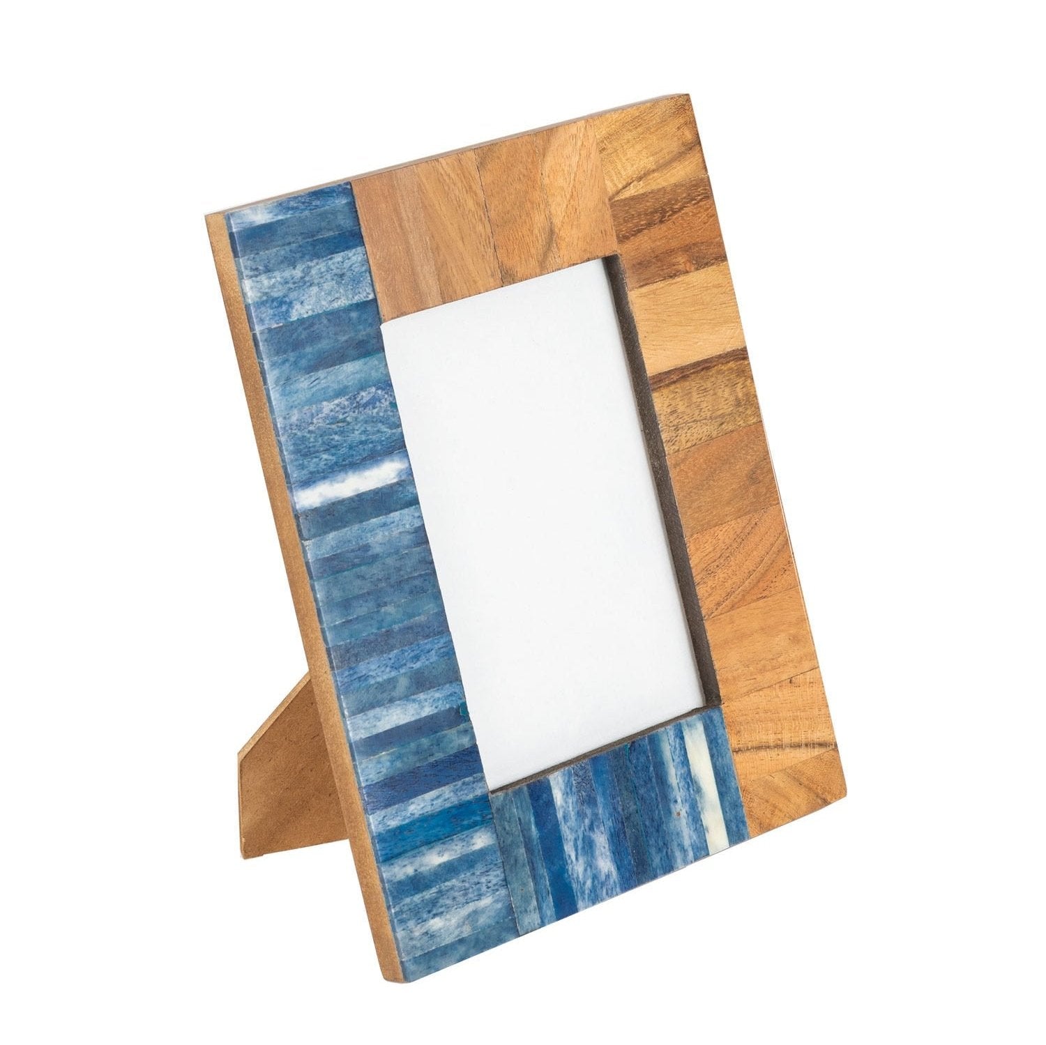 Coastal Charm Acacia Wood Picture Frame displayed on a table with family photos.