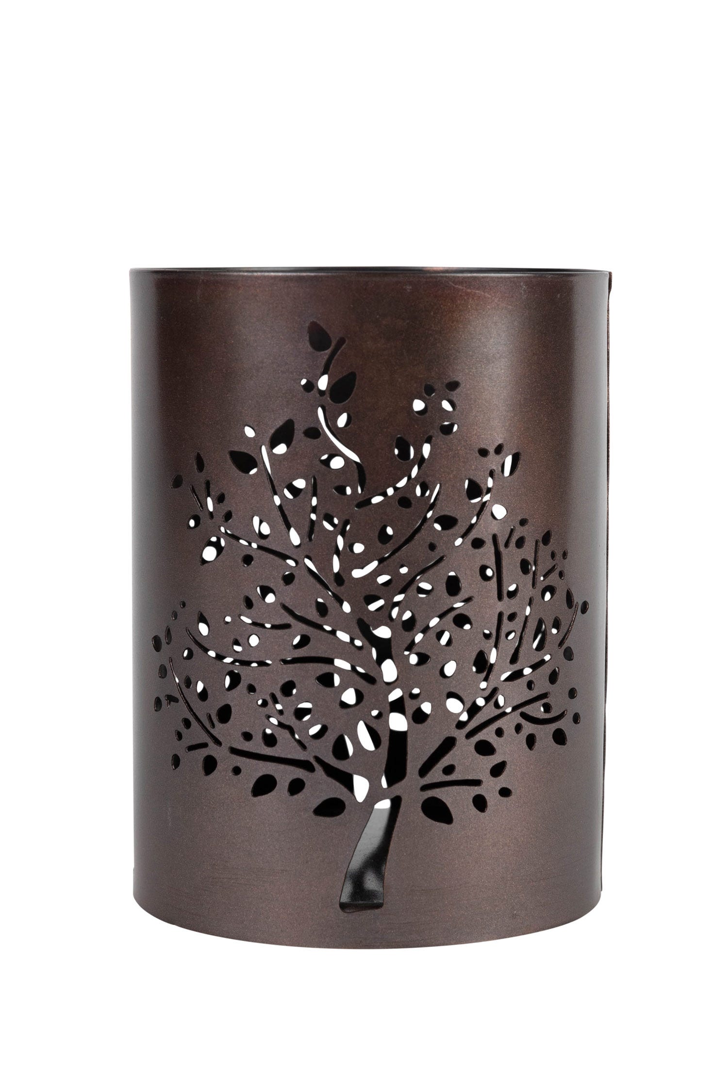 Rustic autumn tree candleholder showcasing intricate iron cutouts and warm glow.