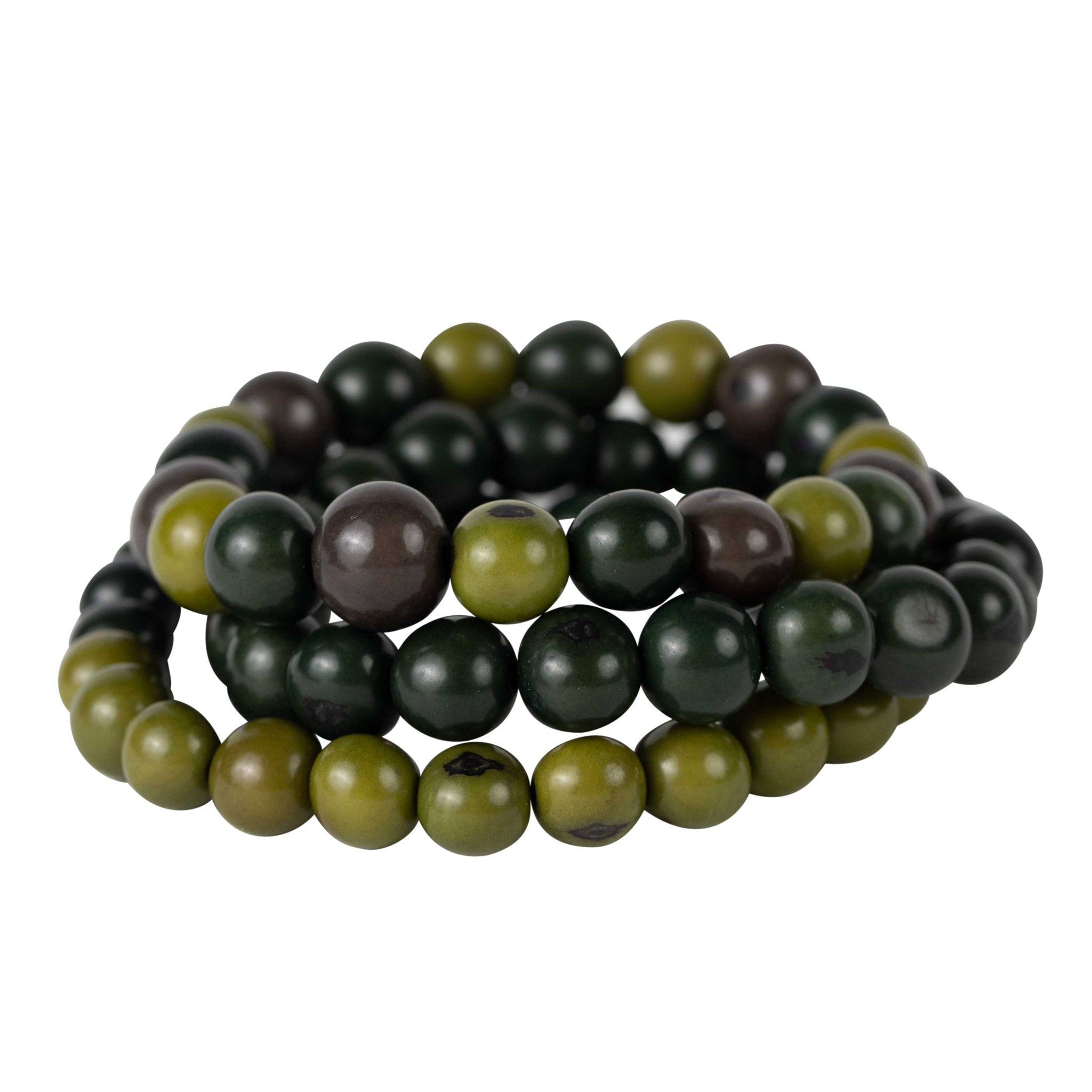 Trio of handmade prosperity bead bracelets showcasing green hues and acai beads.