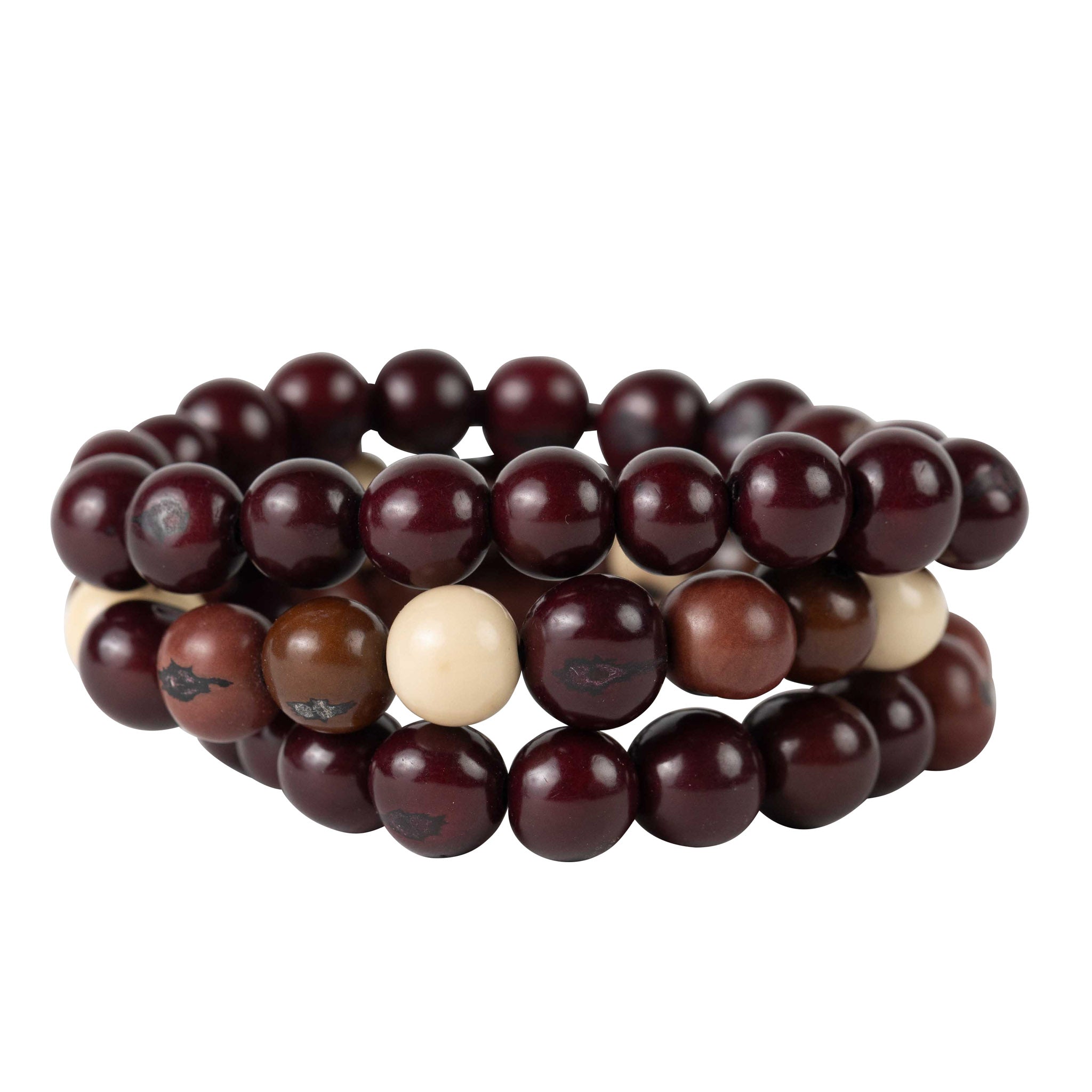 Close-up of handmade resilience beaded bracelet with natural acai beads in earthy tones