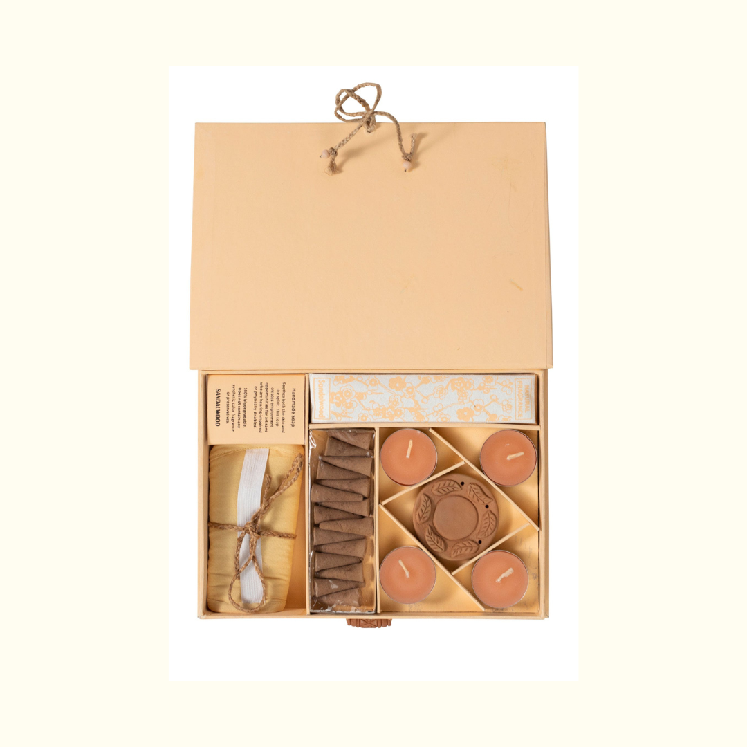 Tea lights and terrycloth scrubber included in the handcrafted incense set.