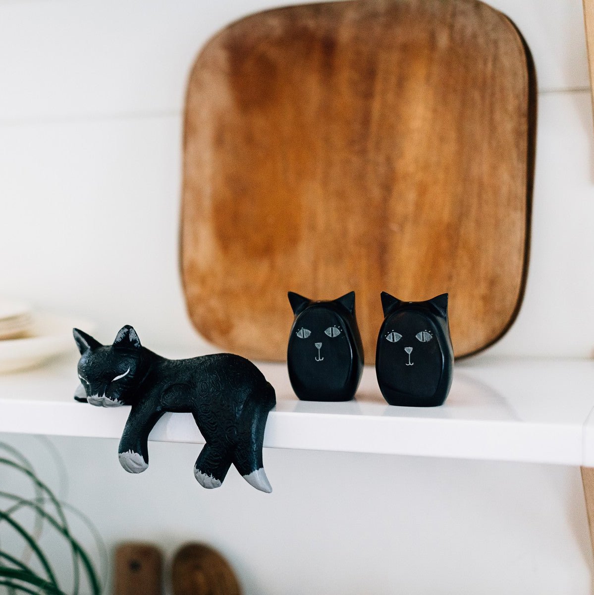 Close-up of Palewa stone cat salt and pepper shakers for kitchen decor