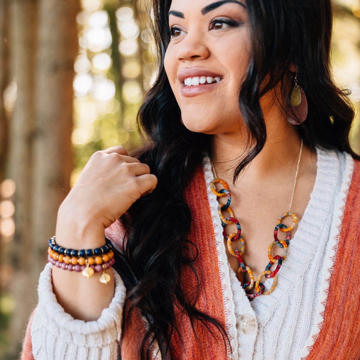 Model wearing boho statement necklace online with casual outfit