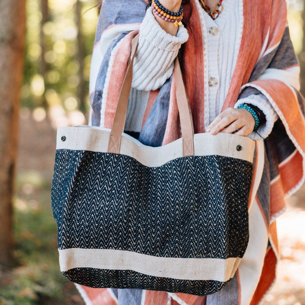 EcoChic Jute & Cotton Shopping Bag hanging on a hook, showcasing its stylish design