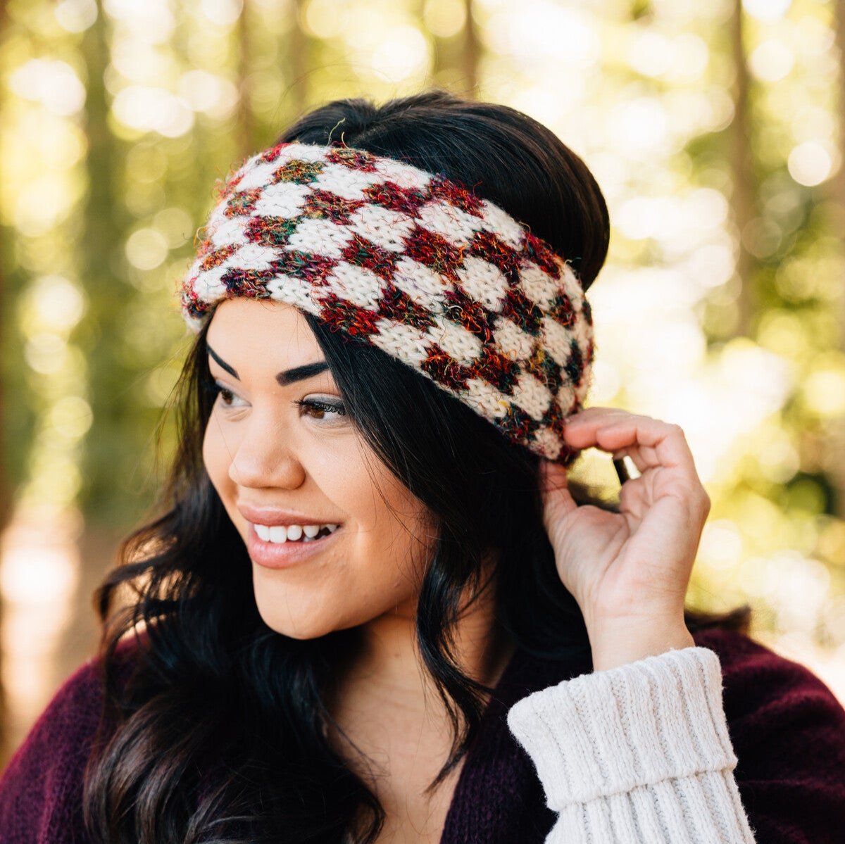 Close-up of artisan wool headband showcasing craftsmanship and texture.