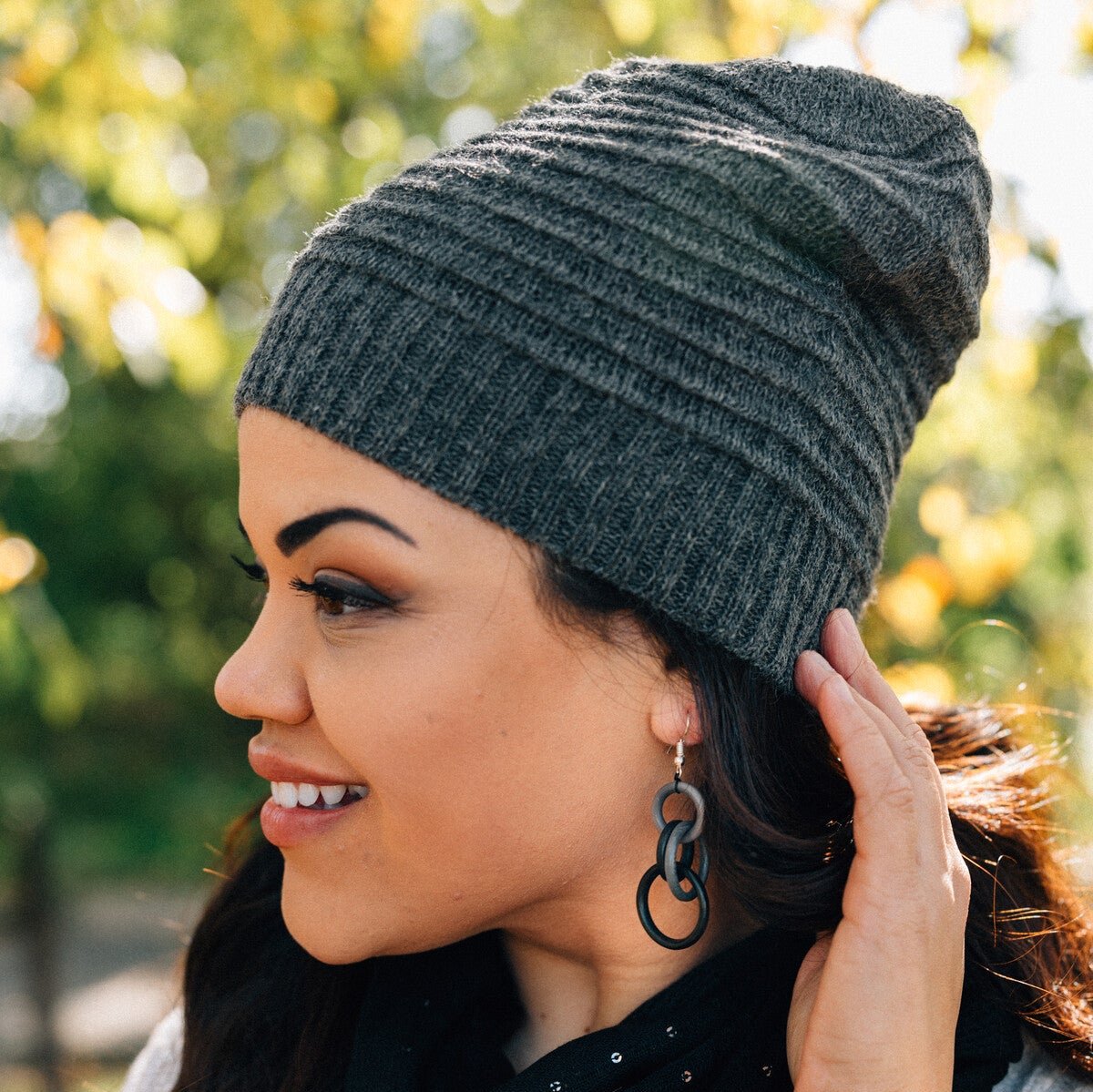 Close-up of the chic alpaca wool slouchy beanie showcasing its boucle texture.