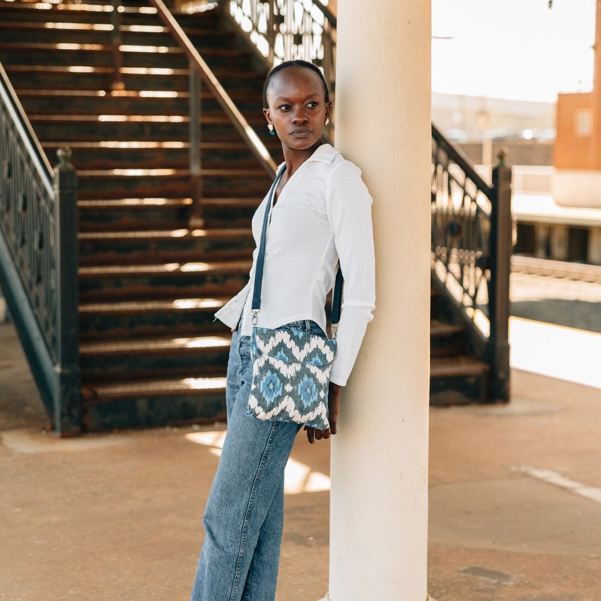 Everyday Ikat Crossbody Bag with adjustable strap, perfect for daily use.