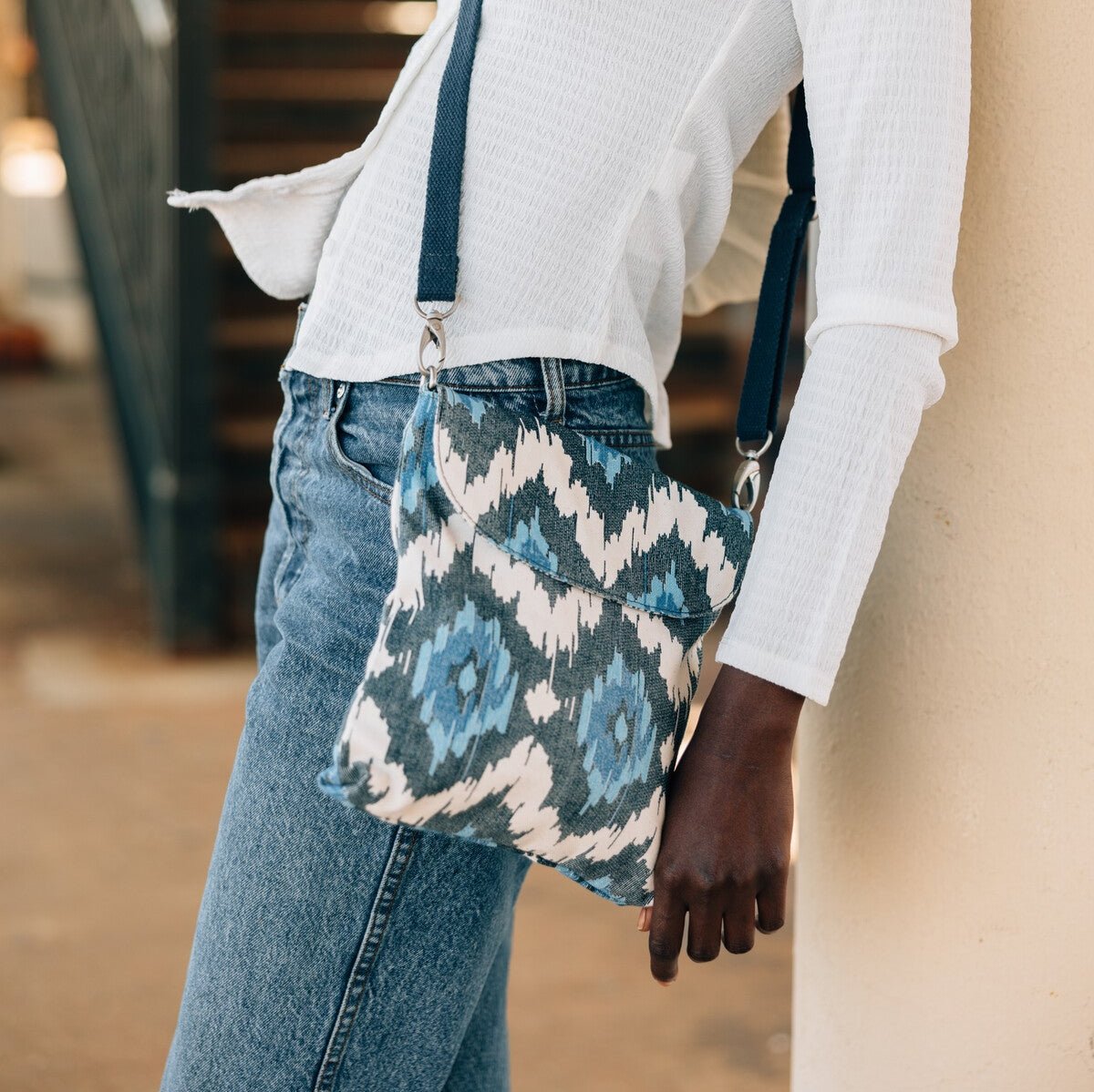 Everyday Ikat Crossbody Bag with adjustable strap, perfect for daily use.
