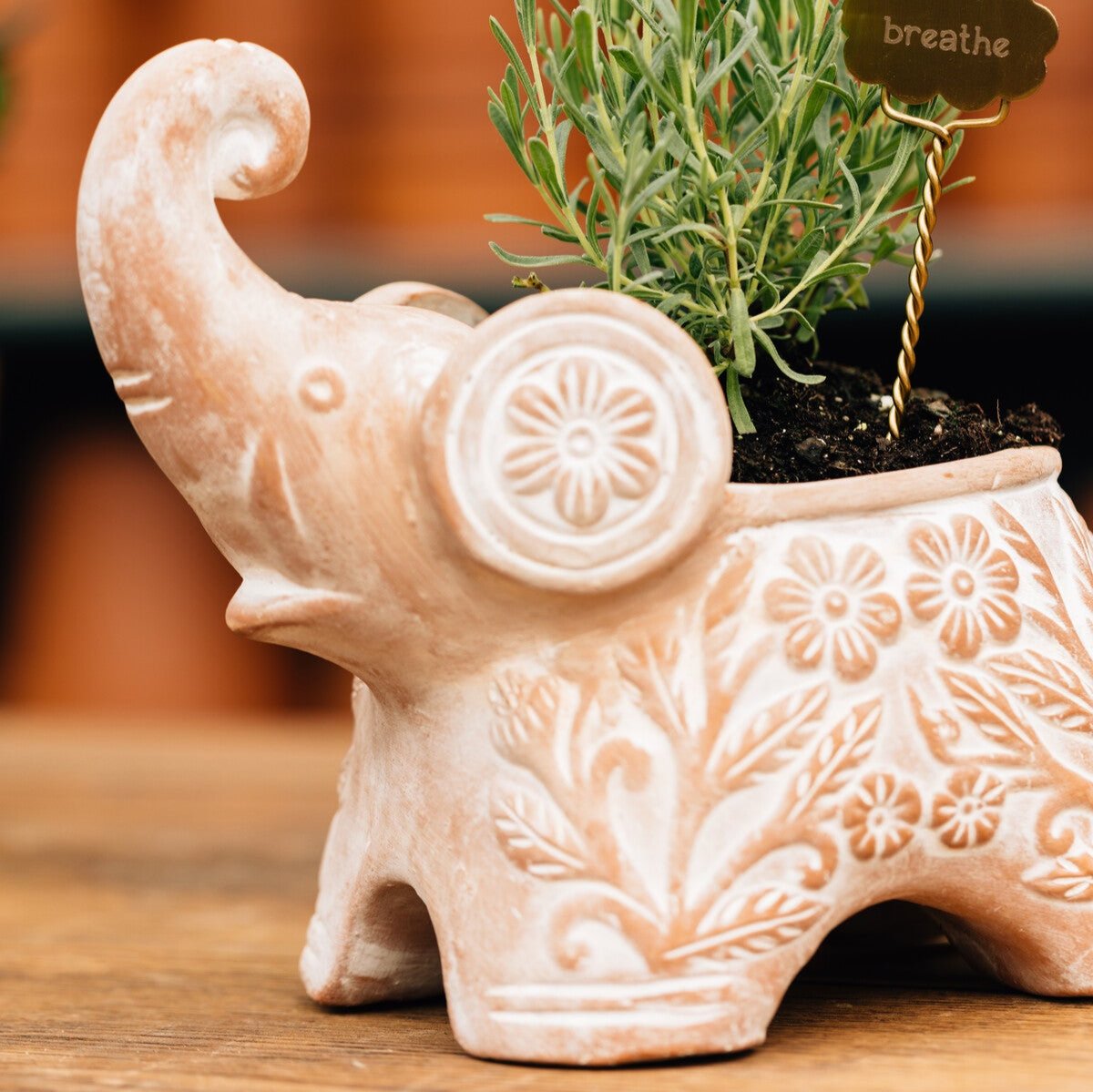 Trumpeting Elephant Planter in a vibrant garden setting surrounded by colorful flowers.
