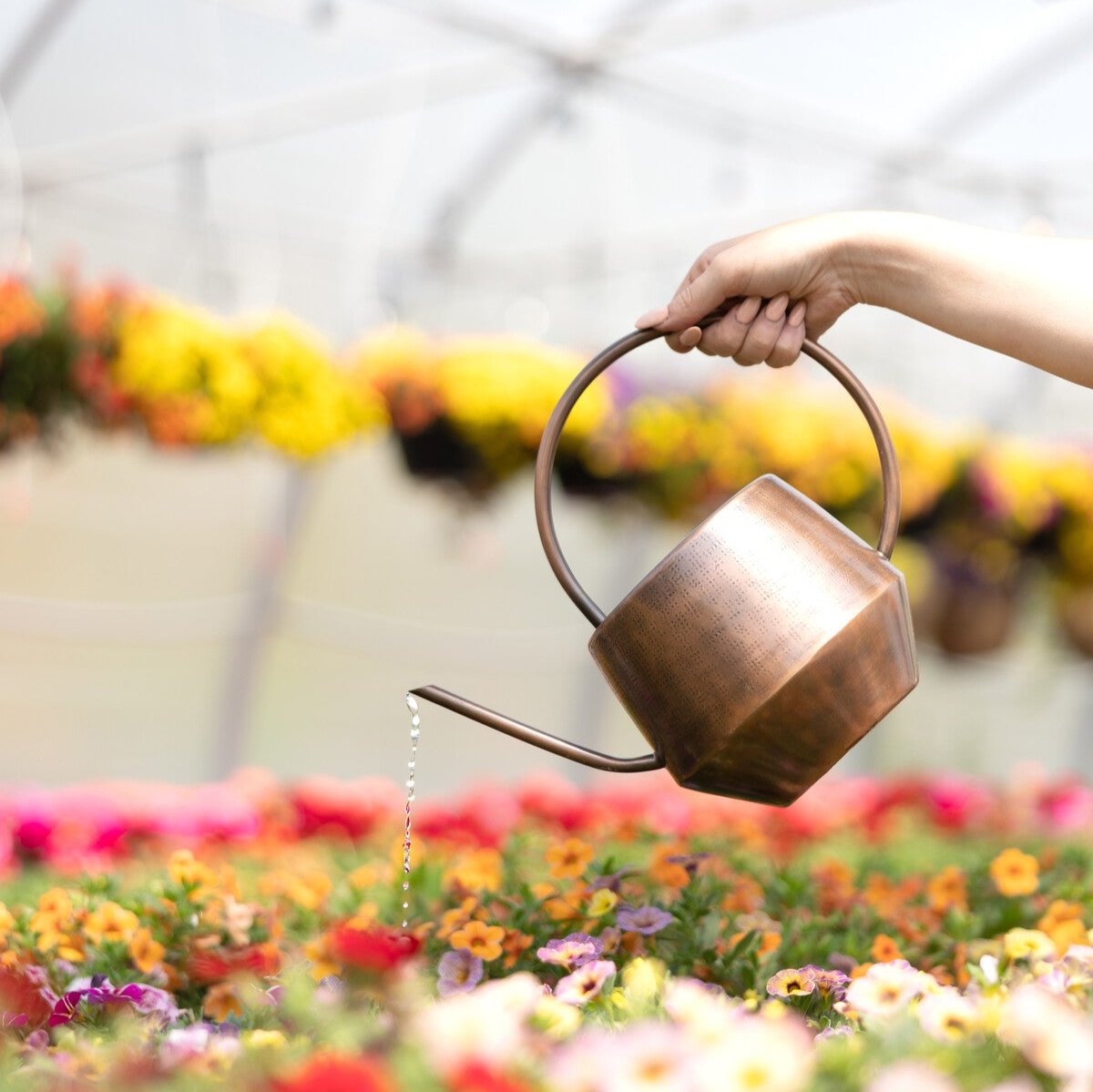 Durable iron watering can in a hammered finish, perfect for garden use
