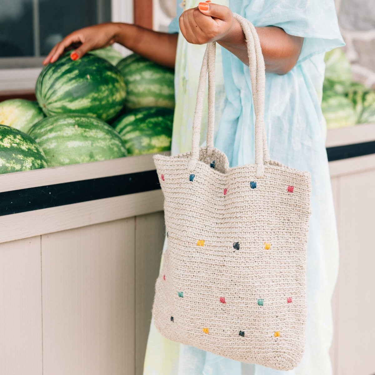 Close-up of handwoven dotted pattern on eco-friendly jute shoulder bag