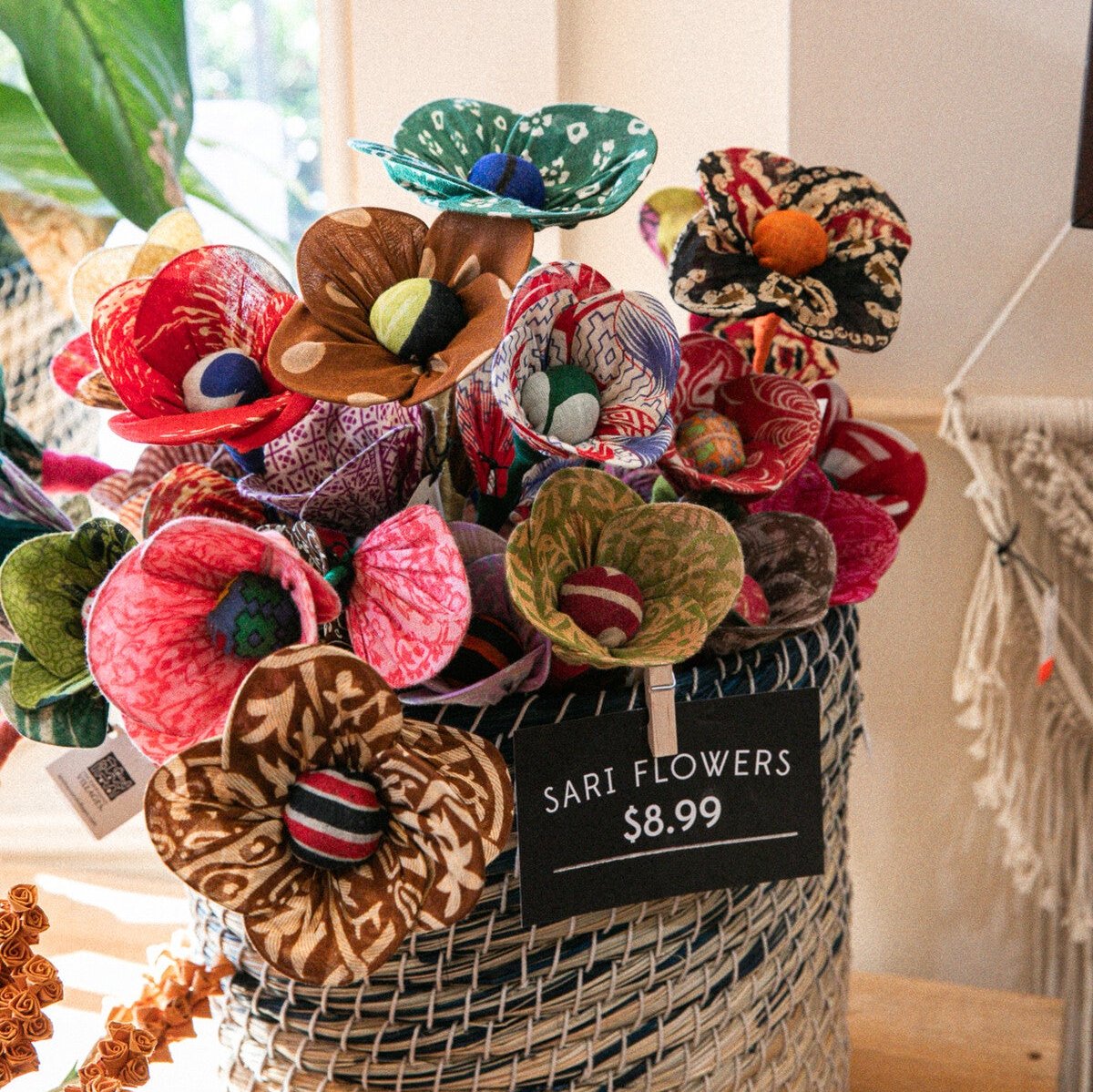 Close-up of a unique sari flower bouquet showcasing vibrant colors and textures.