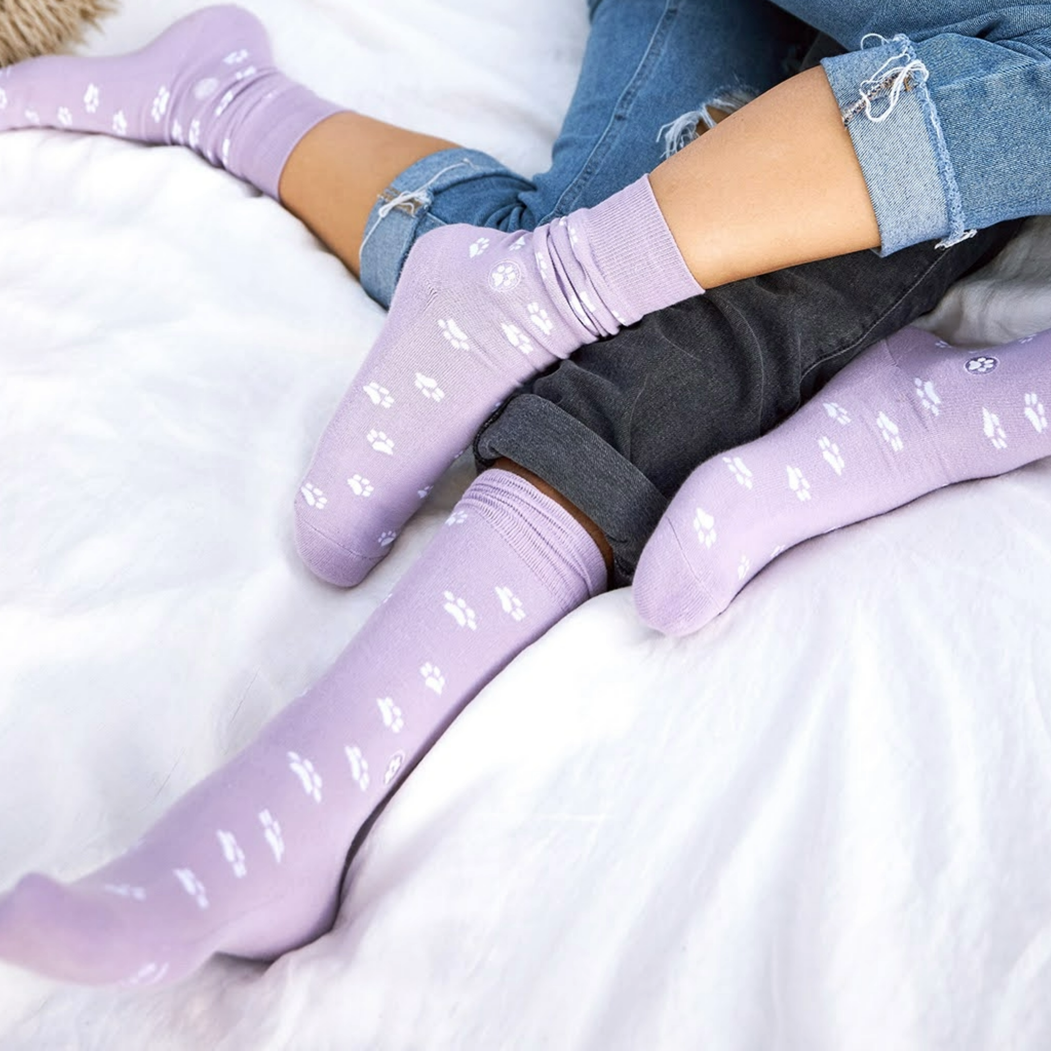 Light purple dog socks with paw prints, perfect for animal lovers.