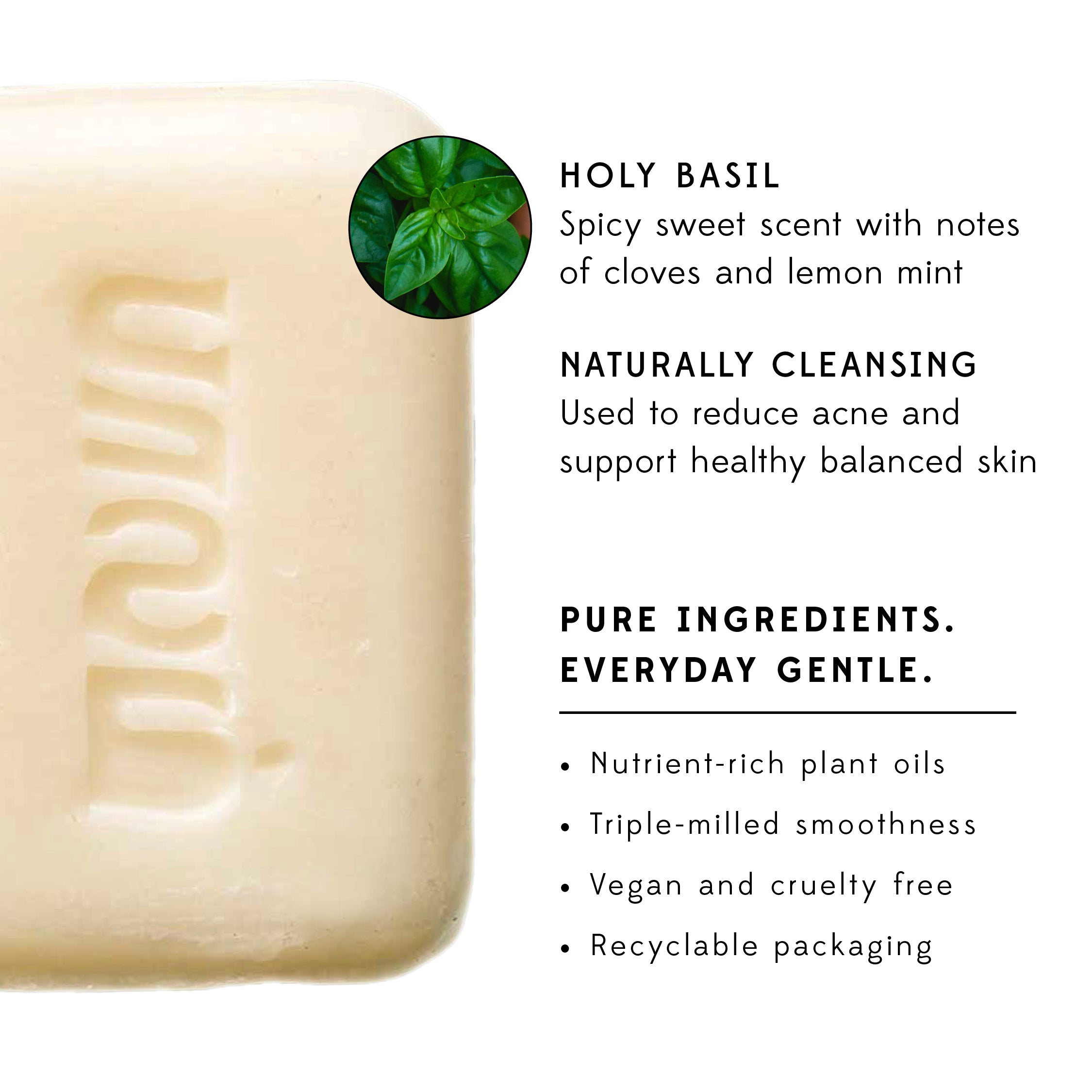 Display of holy basil soap with fresh herbs in the background